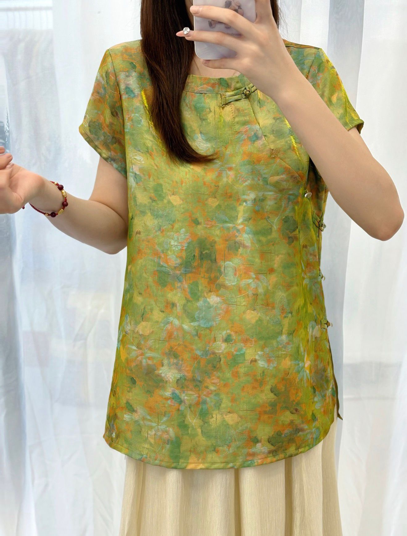 HZ May Stream #6: (PO) 198 Meadow Watercolour Cheongsam Top (XLSize: B48cm L68cm, 2XLSize:B50cm, 3XLSize:B52cm, 4XLSize:B54cm)