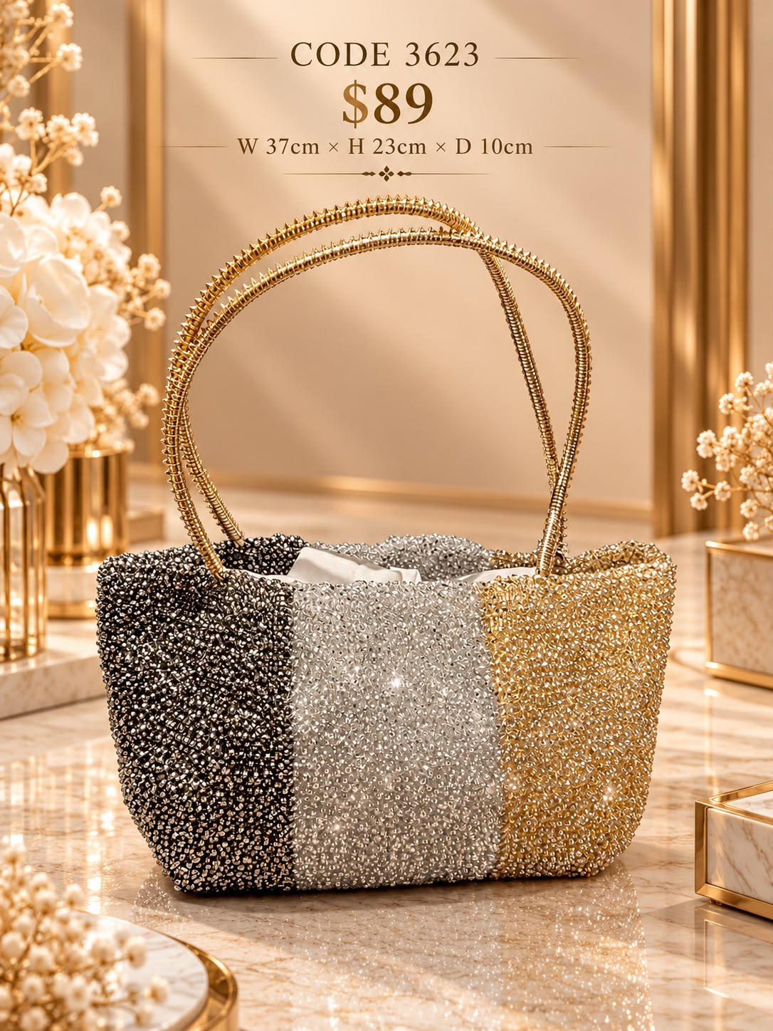 GZ Oct Stream #99: (PO) 3623 Tri-Colour Shimmer Wire Tote (W 37cm; H 23cm; D 10cm)
