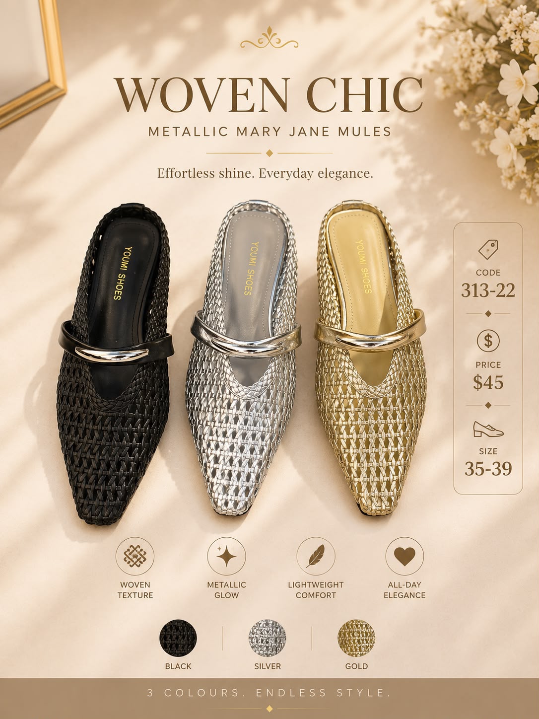 GZ July Stream #15: (PO) 313-22 Woven Chic Metallic Mary Jane Mules