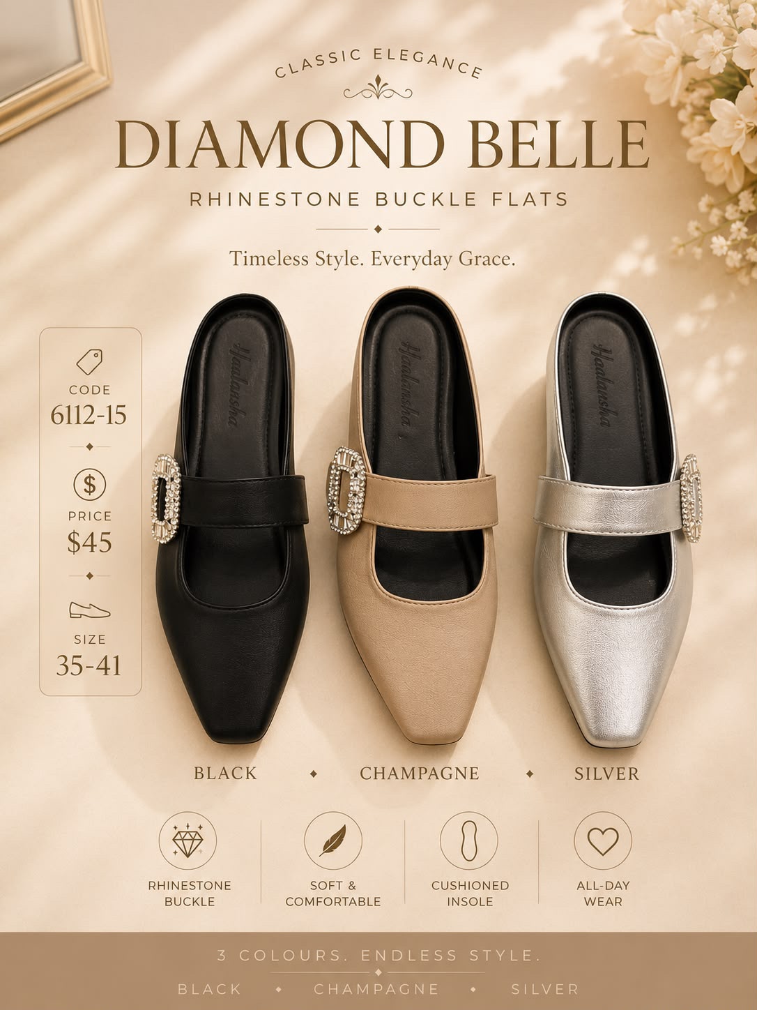 GZ July Stream #15: (PO) 6112-15 Diamond Belle Rhinestone Buckle Flats