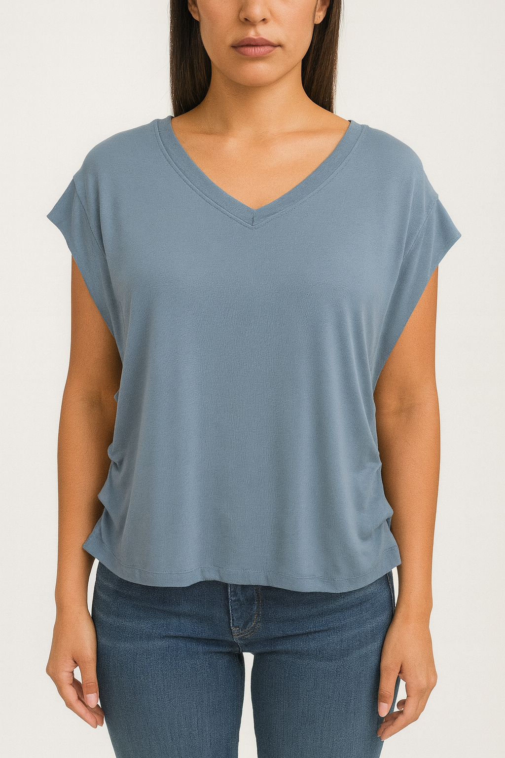 3044 Vandelinne V-Neck Cap Sleeve Side Ruched Cotton Top (B 50-58cm; L 55cm)