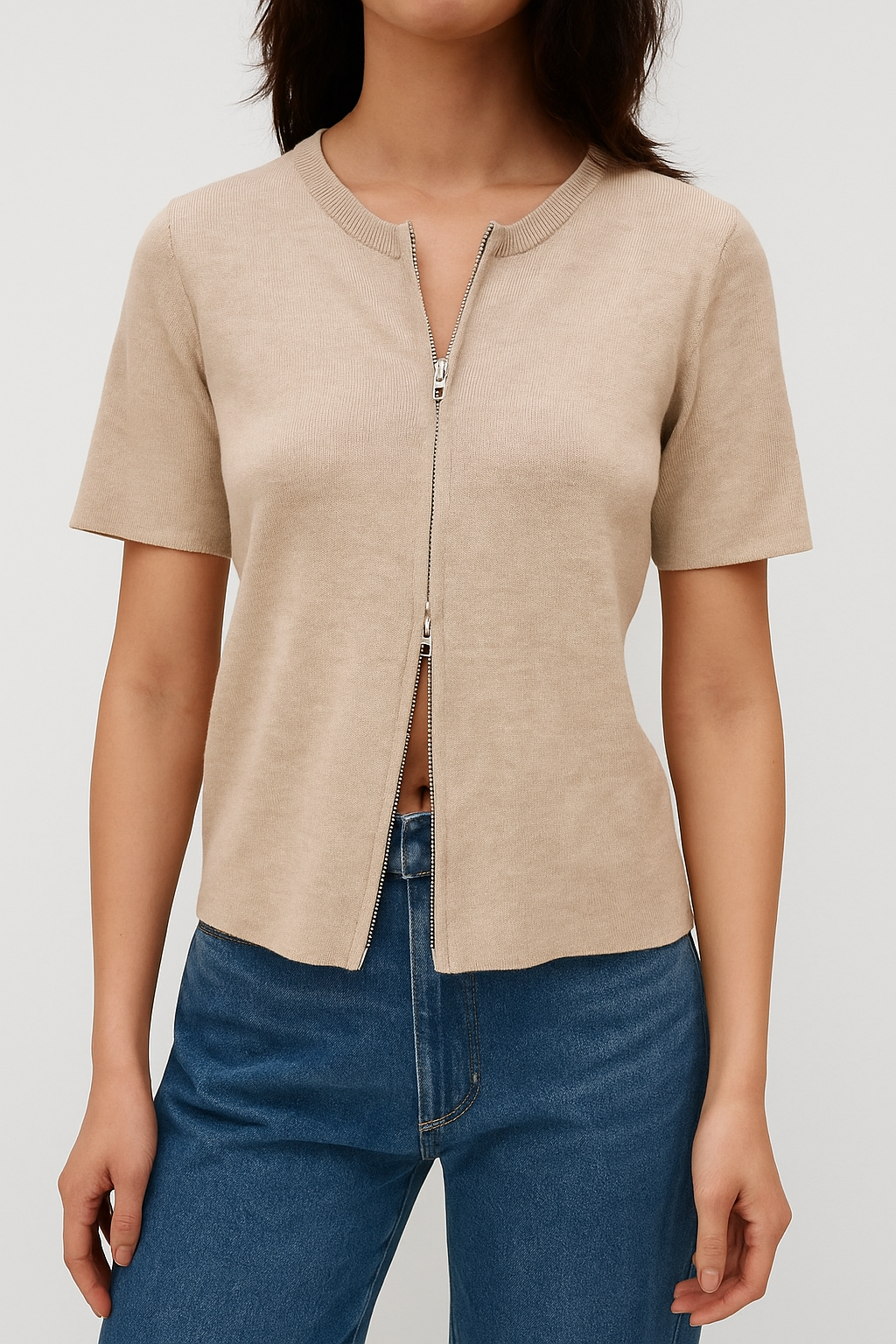 914 Zetta Zip-Through Round Neck Knit Top (B 42-53cm, L 53cm)