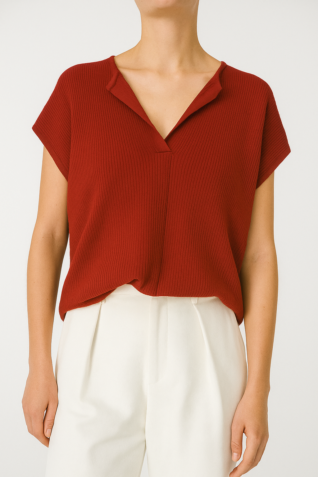 Y016 Radley Split Crew Neck Ribbed Cap Sleeve Knit Top (B 55-65cm; L 52cm)