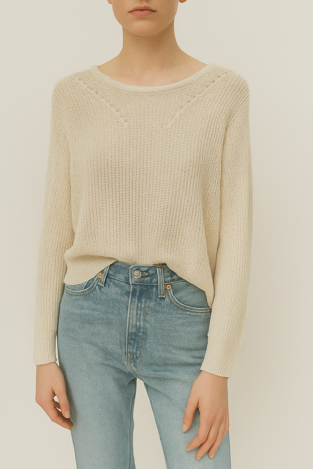 6130 Babette Back Button Embellished Long Sleeve Crochet Top (B 50-58cm; L 46cm)