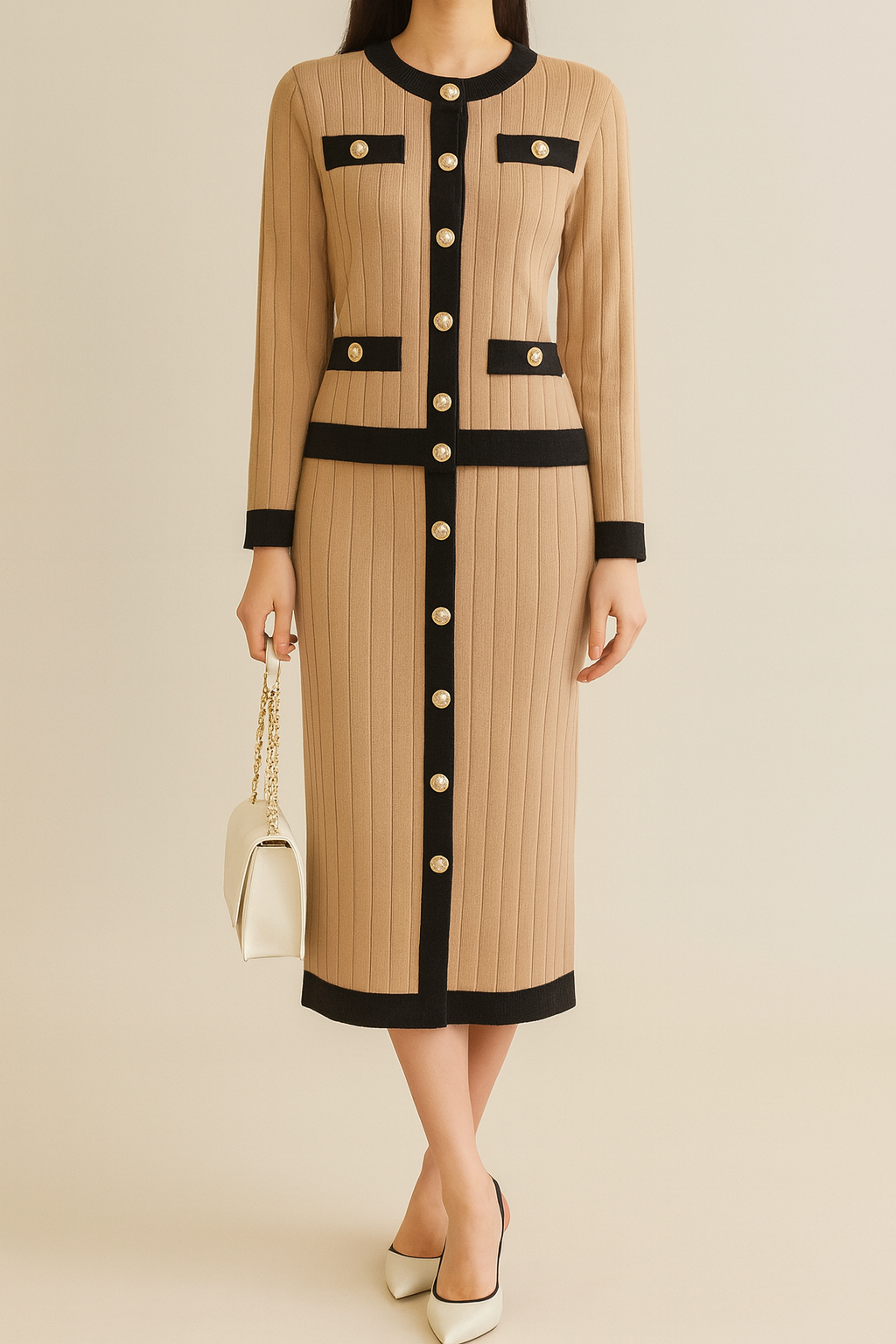 8101 Charlton Knitted Crest Button Cardigan & Skirt Set (Top: B 49-54cm; L 53cm, Bottom: UW 32-47cm; H 39-70cm; L 75cm)