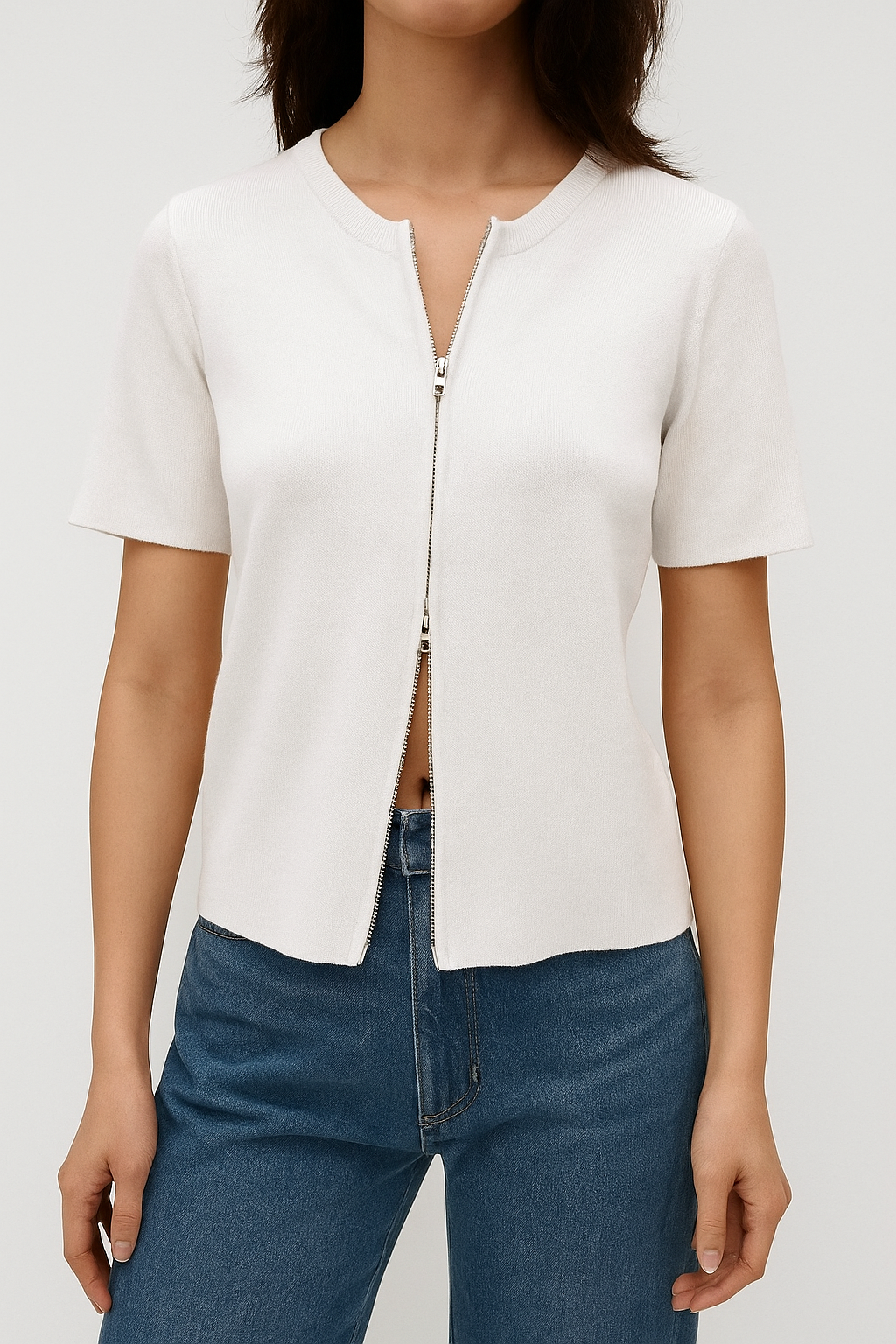 914 Zetta Zip-Through Round Neck Knit Top (B 42-53cm, L 53cm)