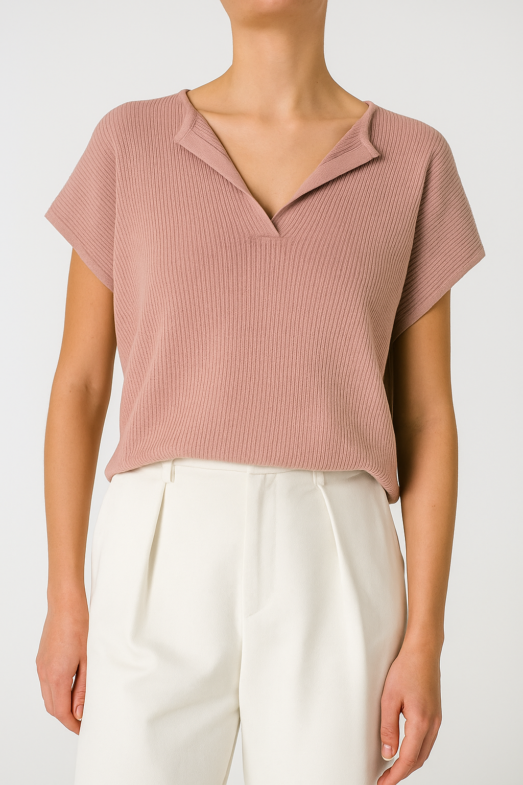 Y016 Radley Split Crew Neck Ribbed Cap Sleeve Knit Top (B 55-65cm; L 52cm)