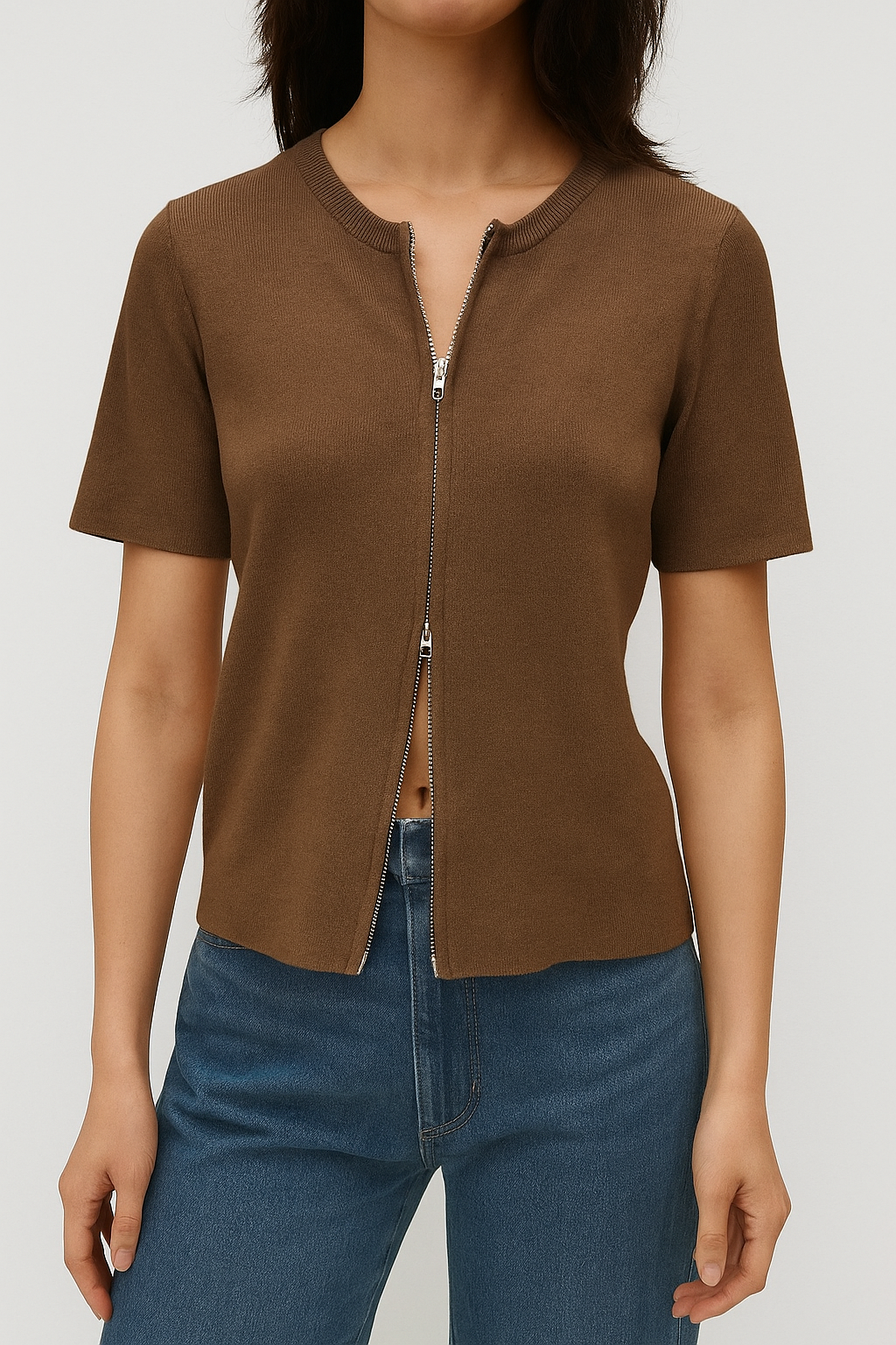 914 Zetta Zip-Through Round Neck Knit Top (B 42-53cm, L 53cm)