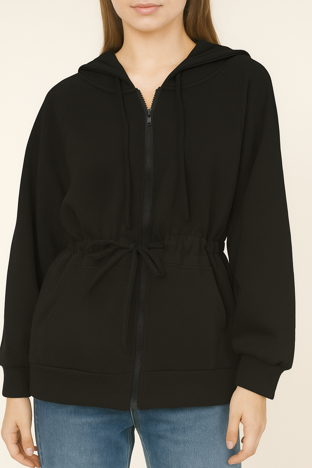 2331 Zoya Adjustable Tie-Waist Zip-Through Hoodie (B 63-75cm; L 62cm)