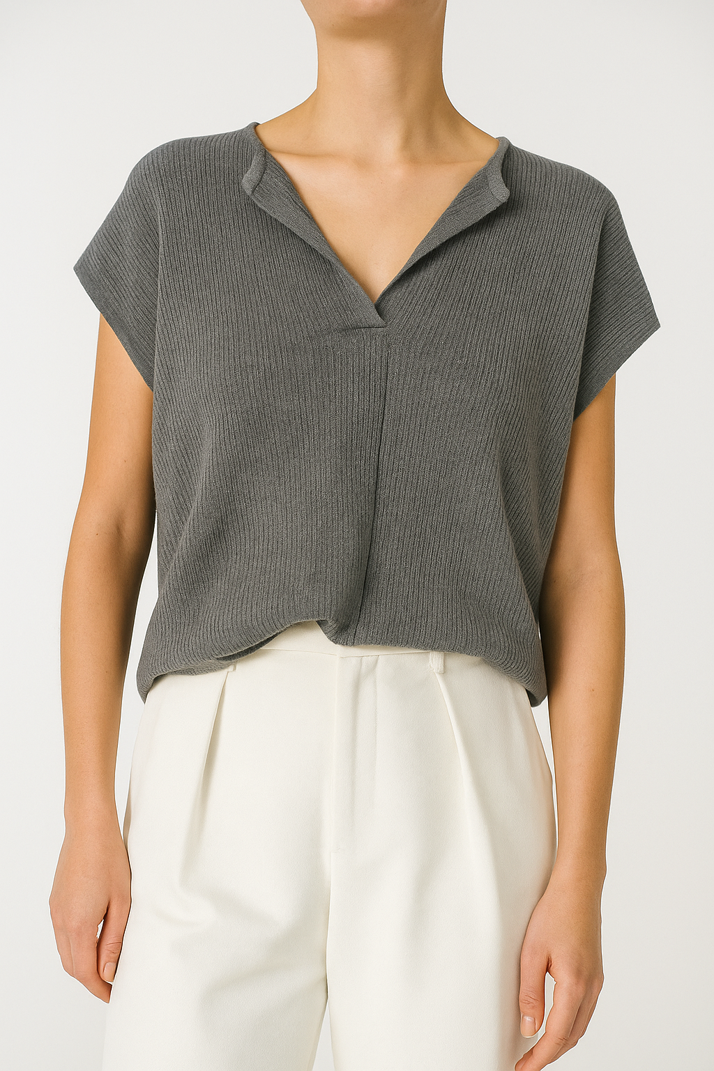 Y016 Radley Split Crew Neck Ribbed Cap Sleeve Knit Top (B 55-65cm; L 52cm)