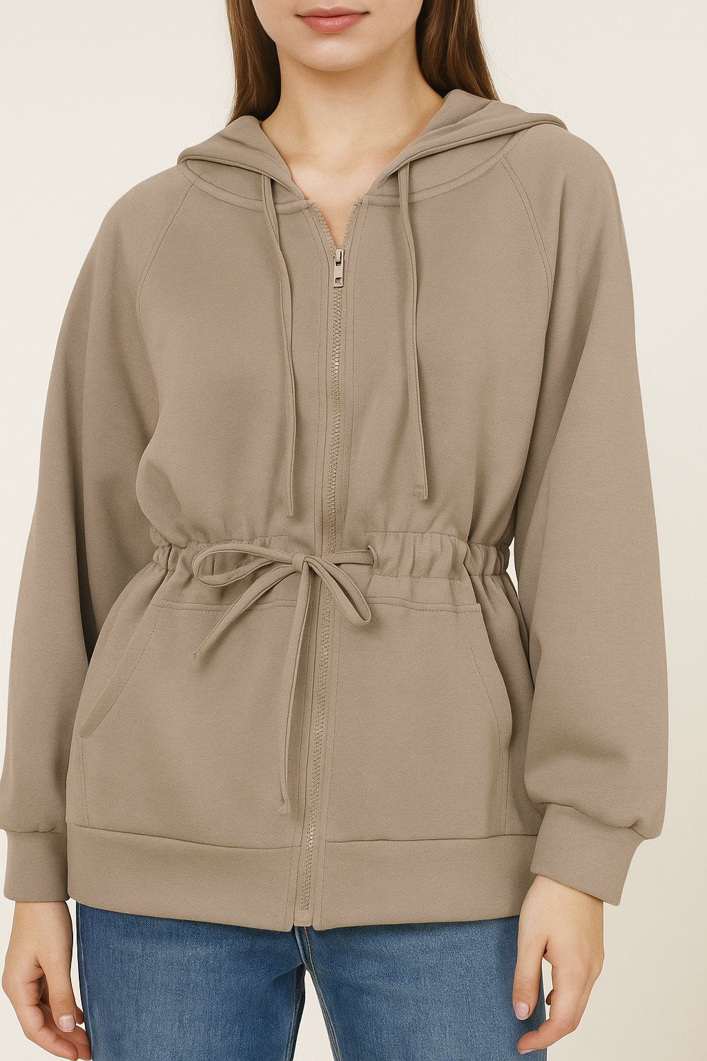 2331 Zoya Adjustable Tie-Waist Zip-Through Hoodie (B 63-75cm; L 62cm)