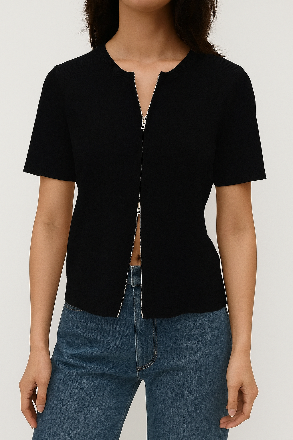 914 Zetta Zip-Through Round Neck Knit Top (B 42-53cm, L 53cm)