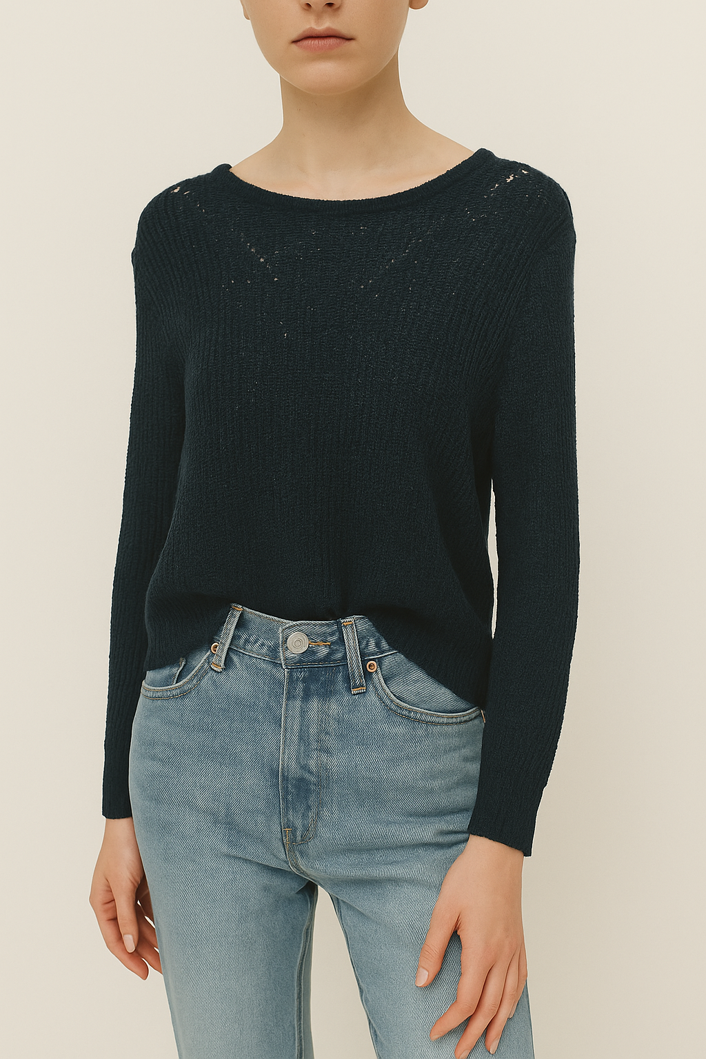 6130 Babette Back Button Embellished Long Sleeve Crochet Top (B 50-58cm; L 46cm)