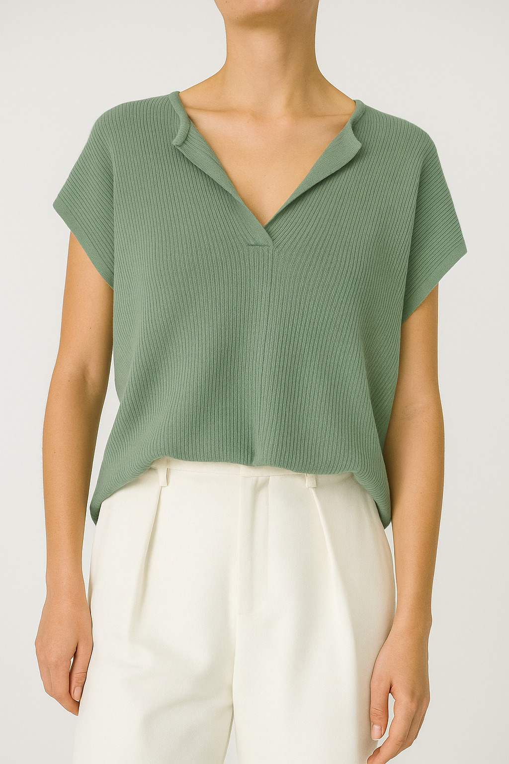 Y016 Radley Split Crew Neck Ribbed Cap Sleeve Knit Top (B 55-65cm; L 52cm)