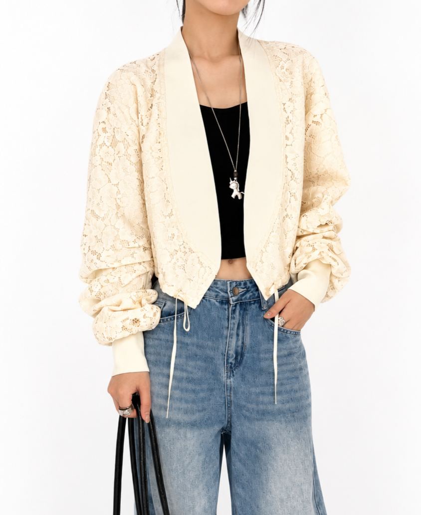 GZ July Stream #18: (PO) 5238 Lace Tie-Waist Open Front Cardigan (Msize B:50cm L:46cm Lsize B:52cm L:46cm)