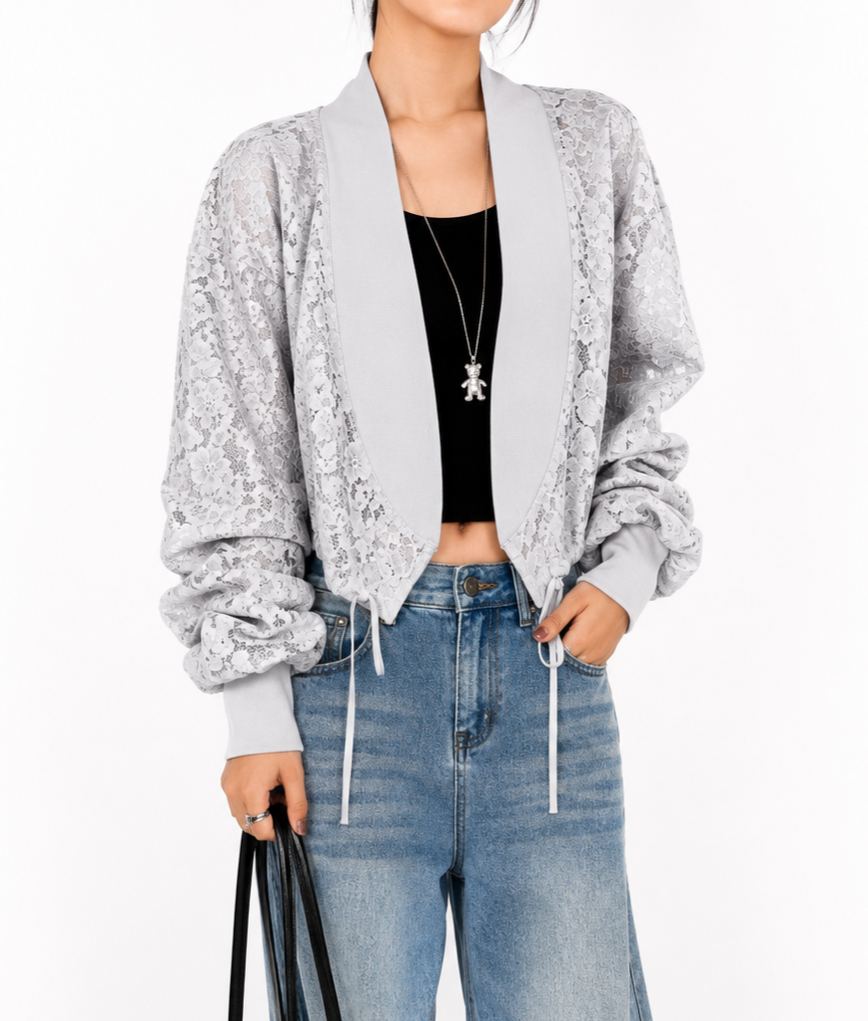 GZ July Stream #18: (PO) 5238 Lace Tie-Waist Open Front Cardigan (Msize B:50cm L:46cm Lsize B:52cm L:46cm)