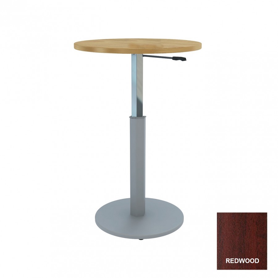 Round Meeting Table Adjustable Height Metal Round Base & Red Wood Top D900mm