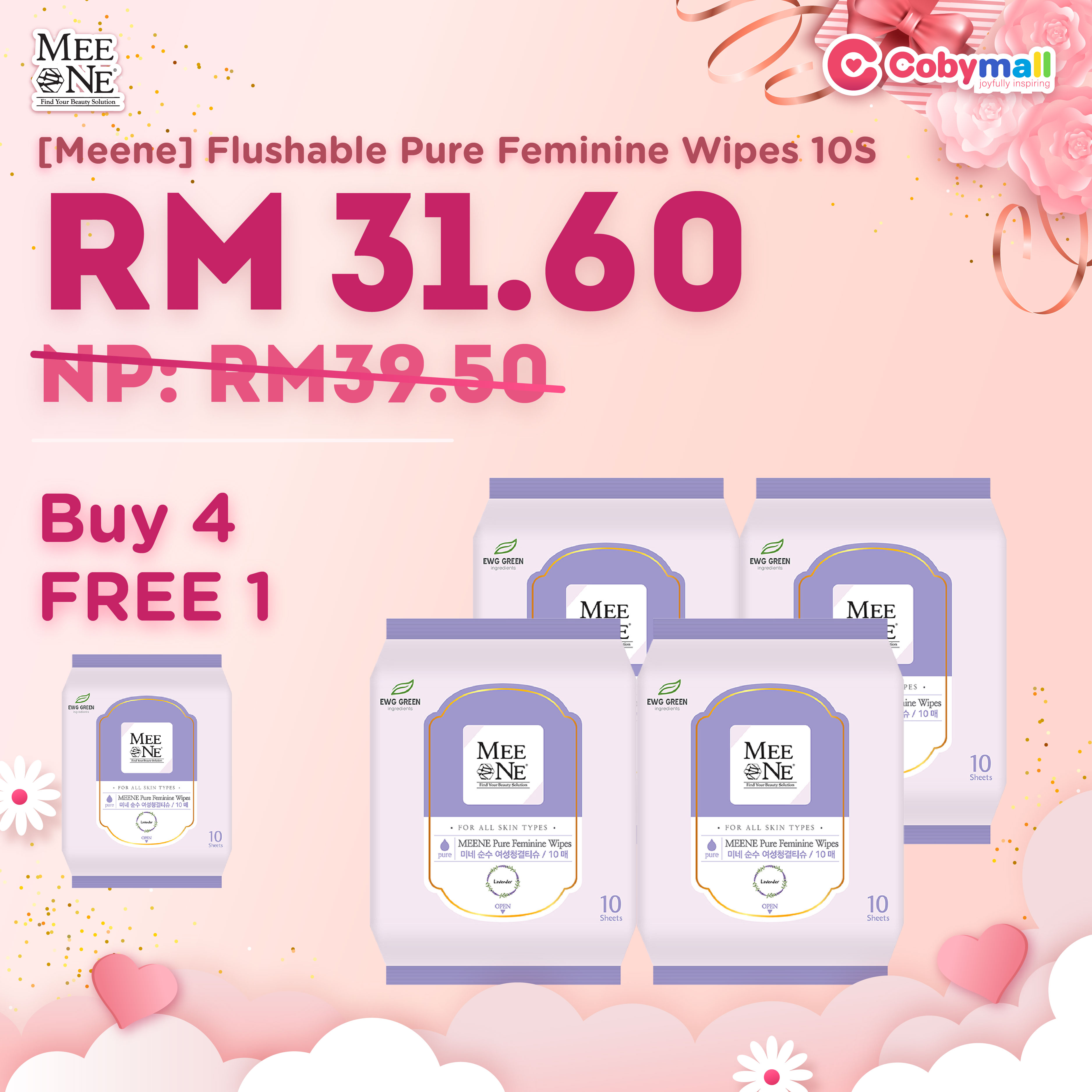 Mother's Day [Meene] Flushable Pure Feminine Wipes 10S (Buy 4 Free 1)