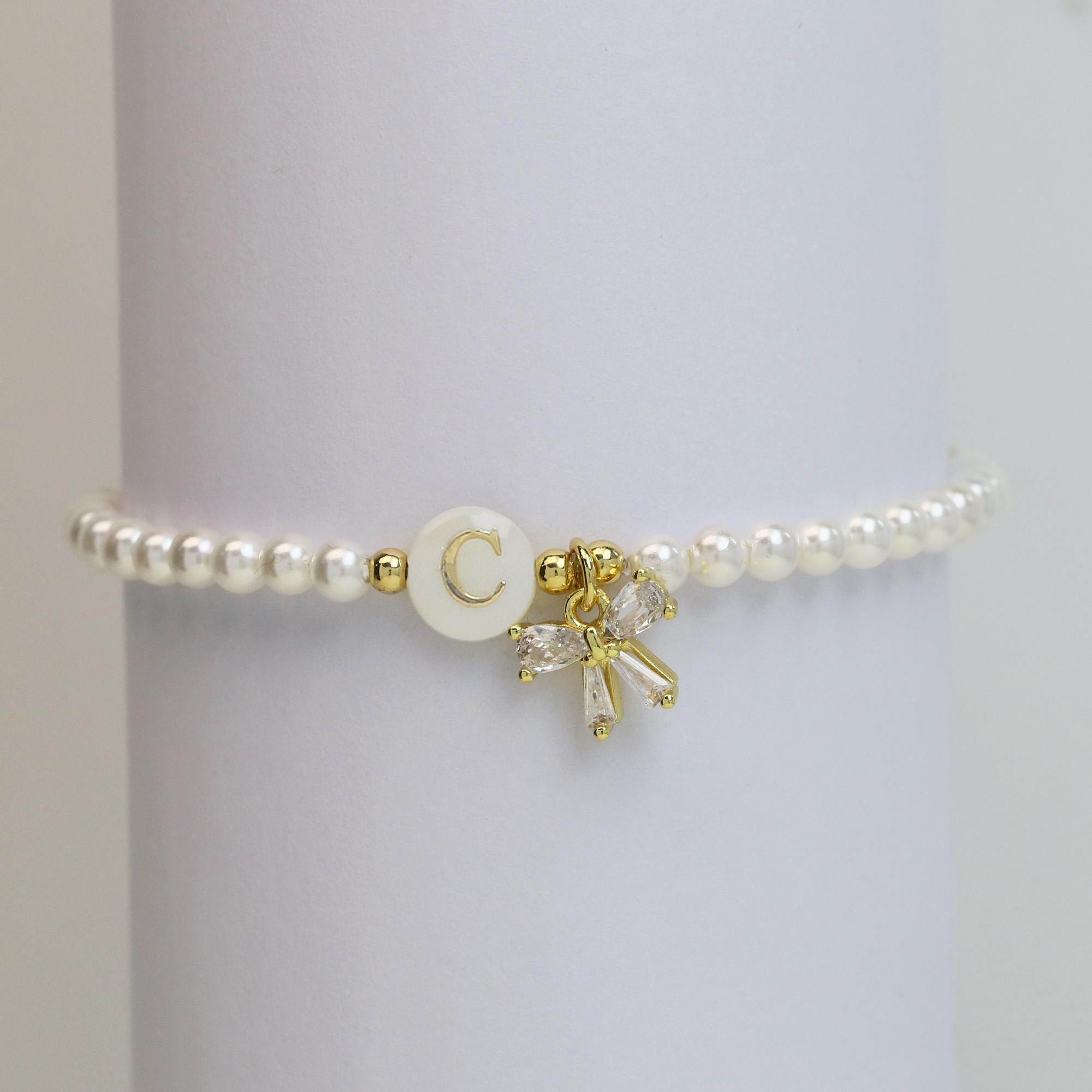 Pearl Bow  Initial Bracelets