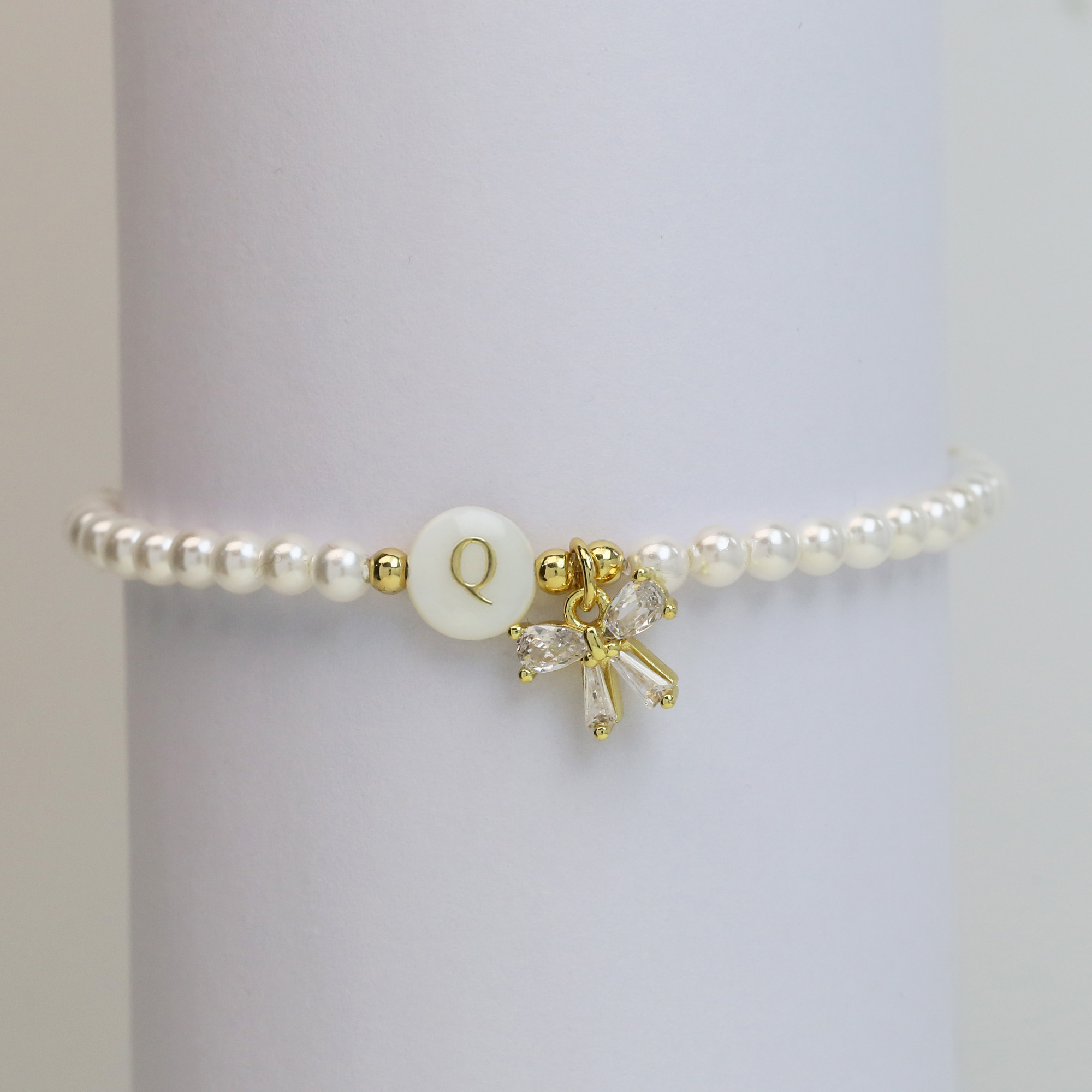 Pearl Bow  Initial Bracelets