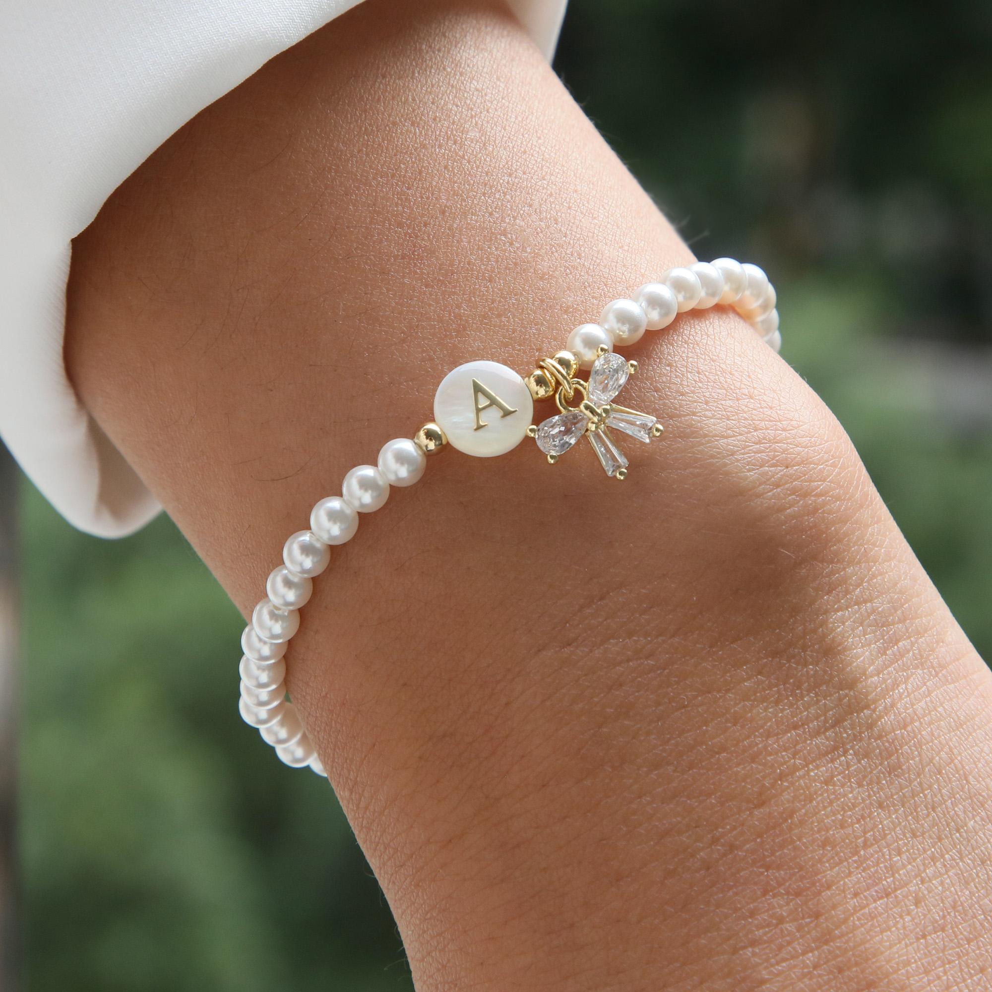 Pearl Bow  Initial Bracelets