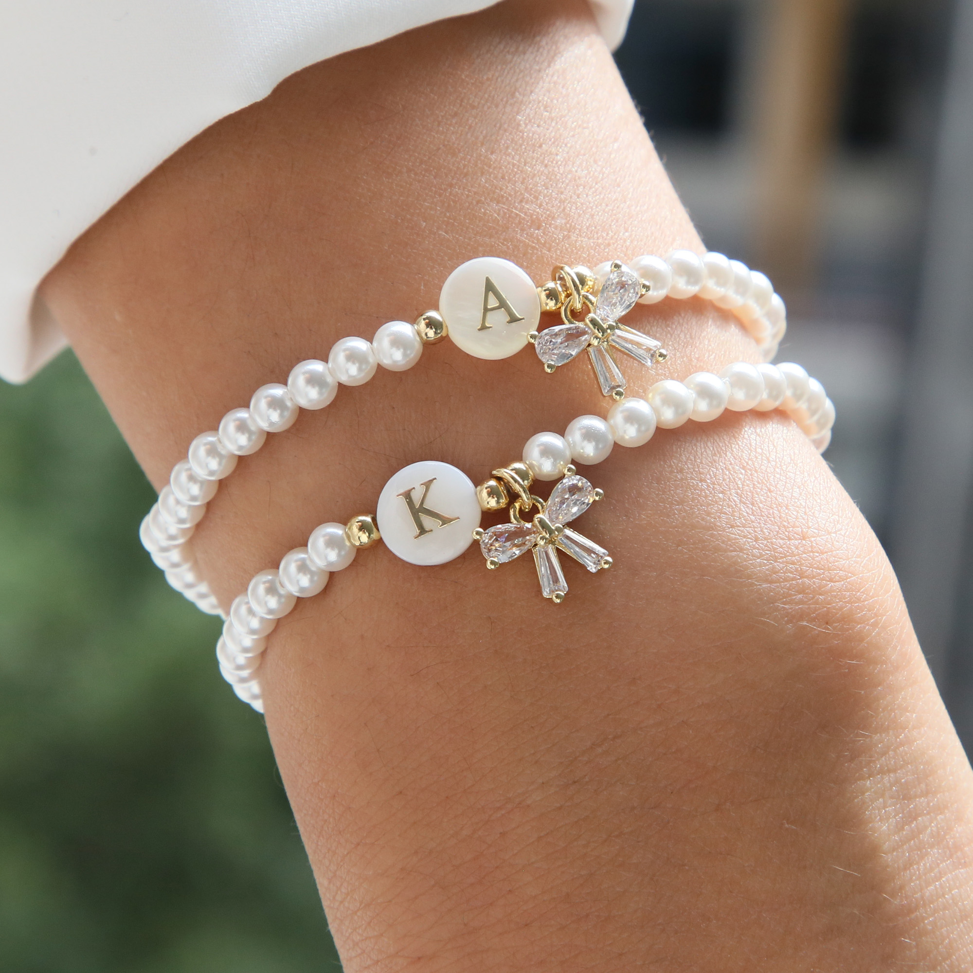 Pearl Bow  Initial Bracelets
