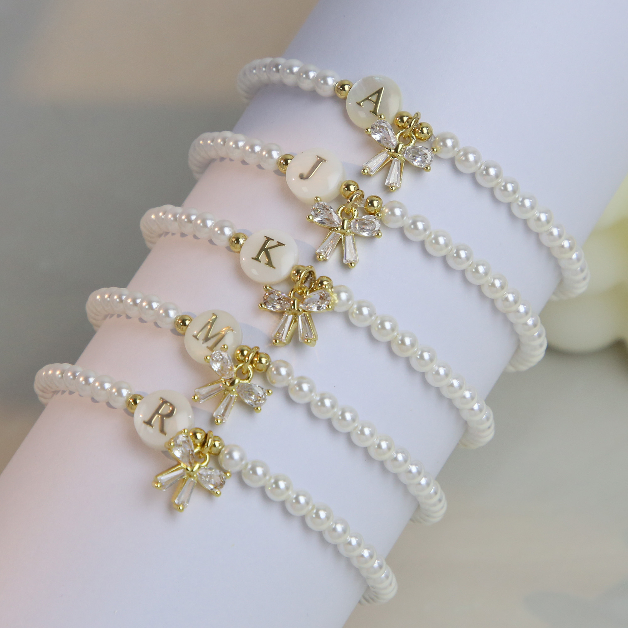 Pearl Bow  Initial Bracelets