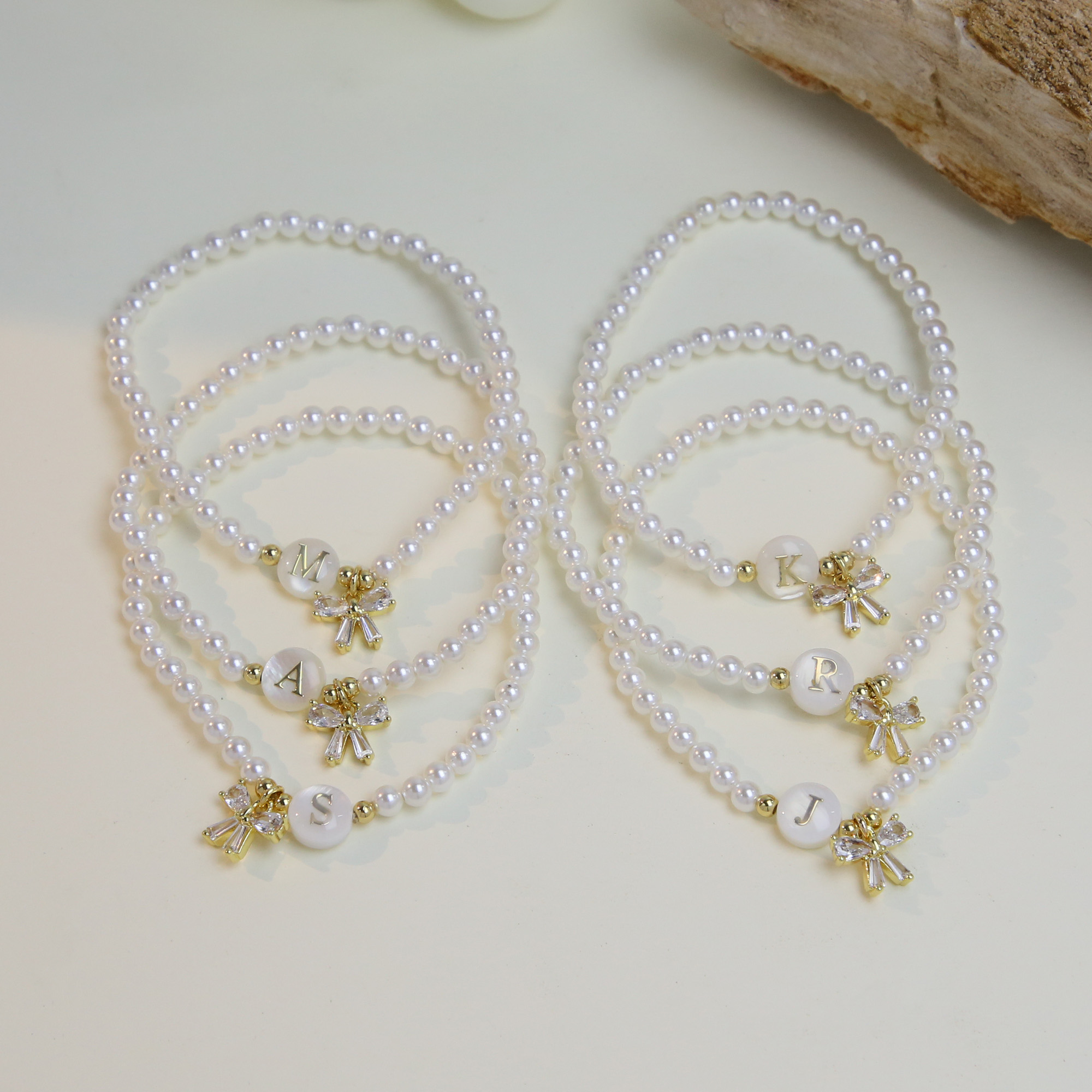 Pearl Bow  Initial Bracelets