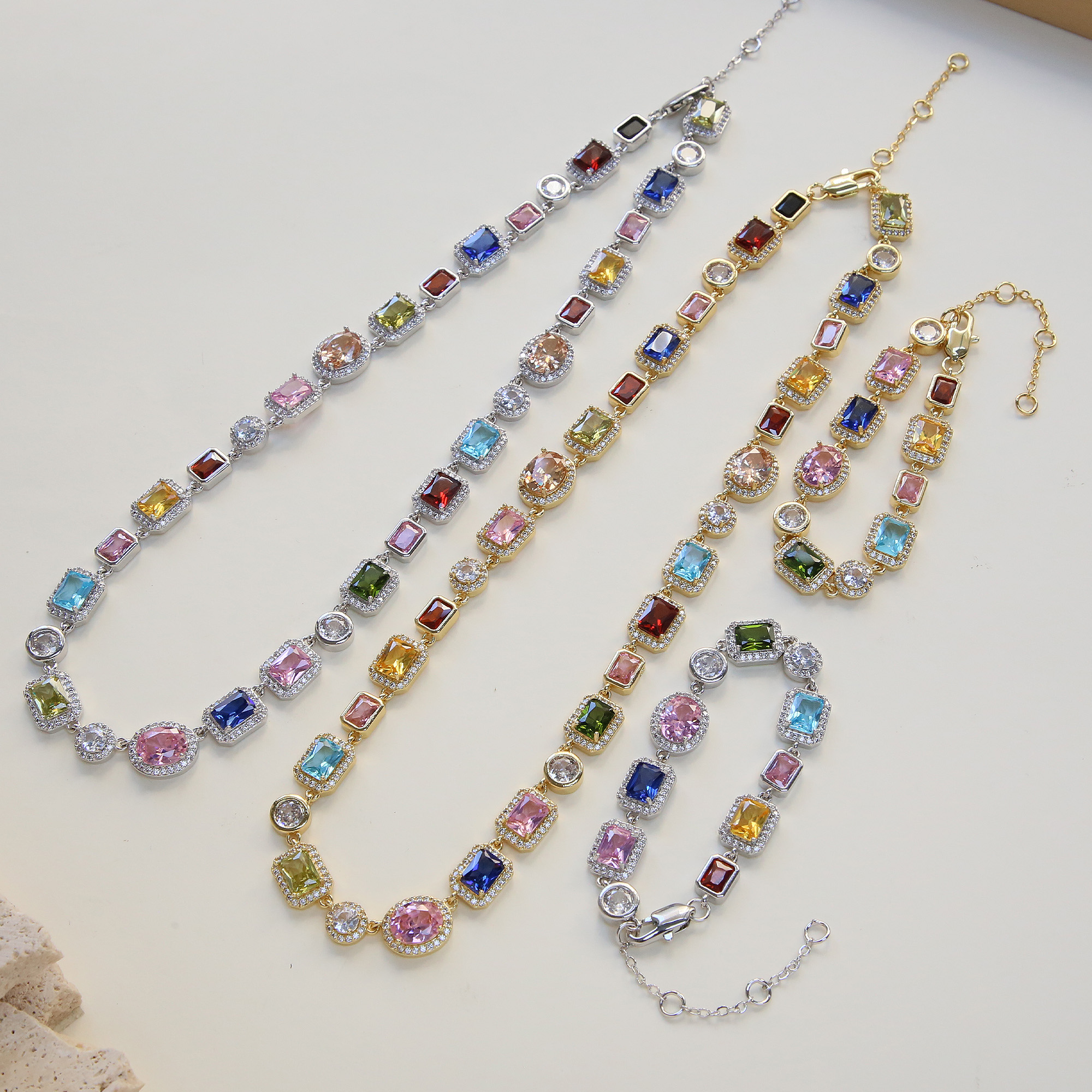 Gold Plated Multi-Color Zircon Necklace Bracelets