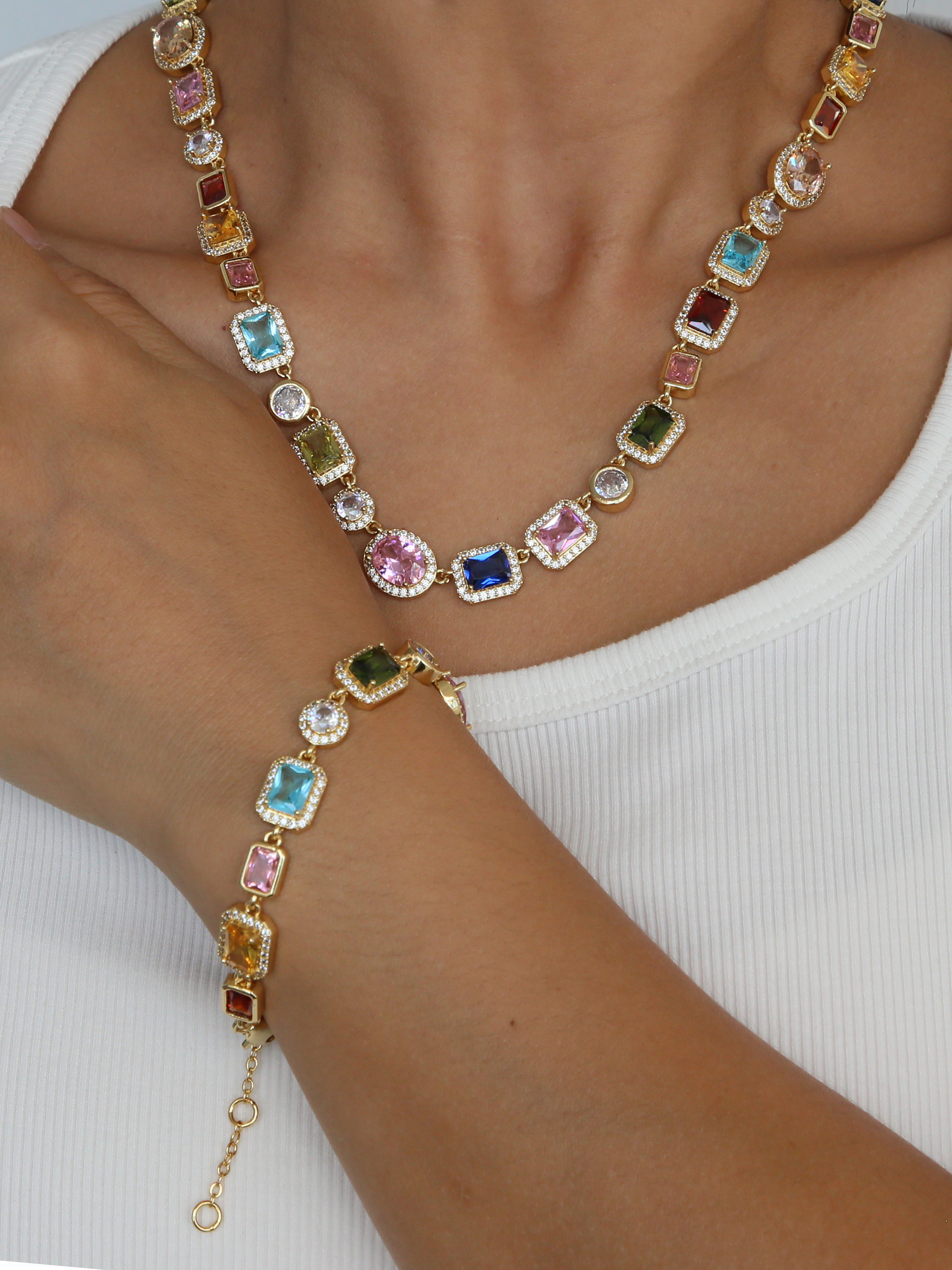Gold Plated Multi-Color Zircon Necklace Bracelets