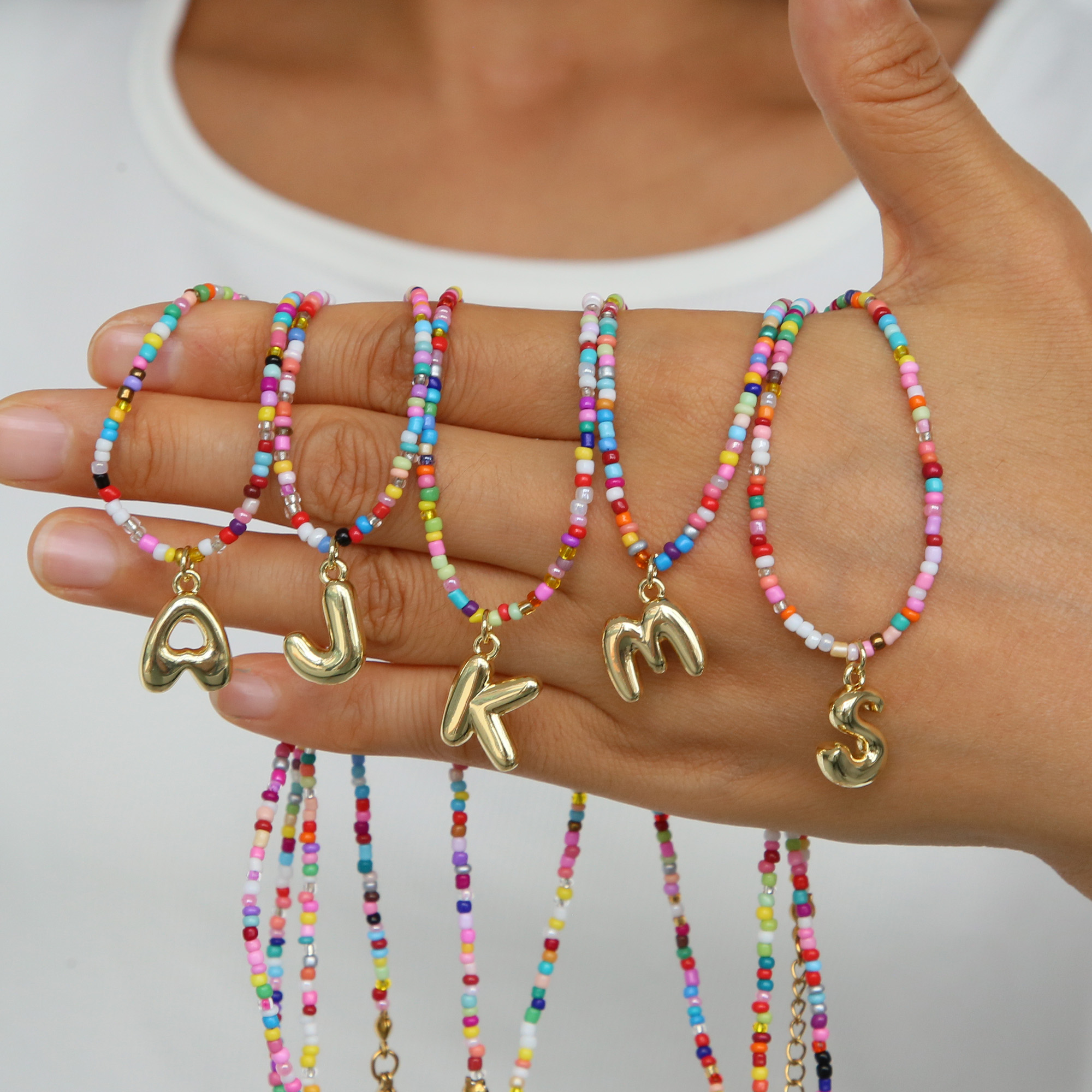 Beaded Initial  Letter Pendant Necklaces