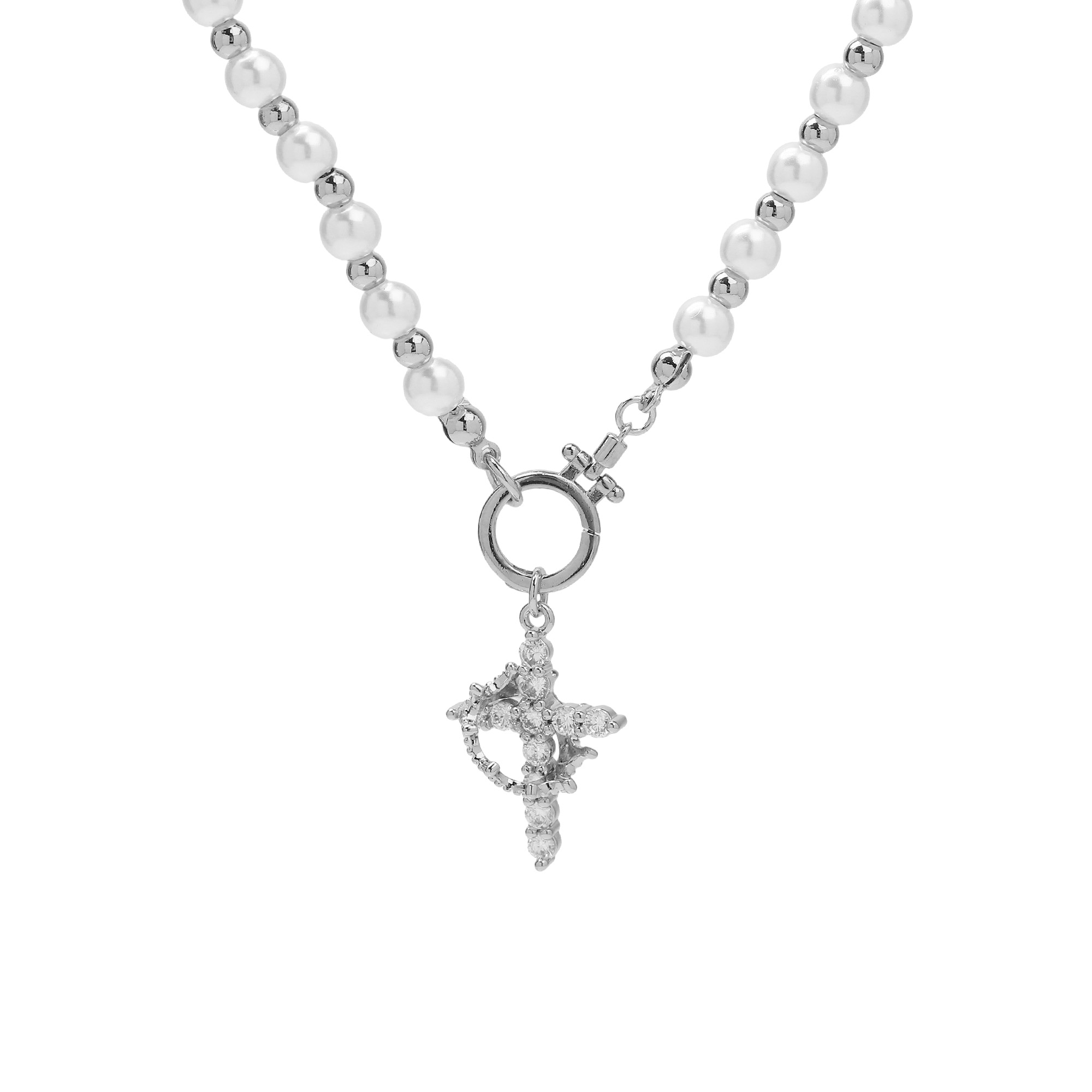 Pearl Beaded Zirconia Cross Pendant Necklace