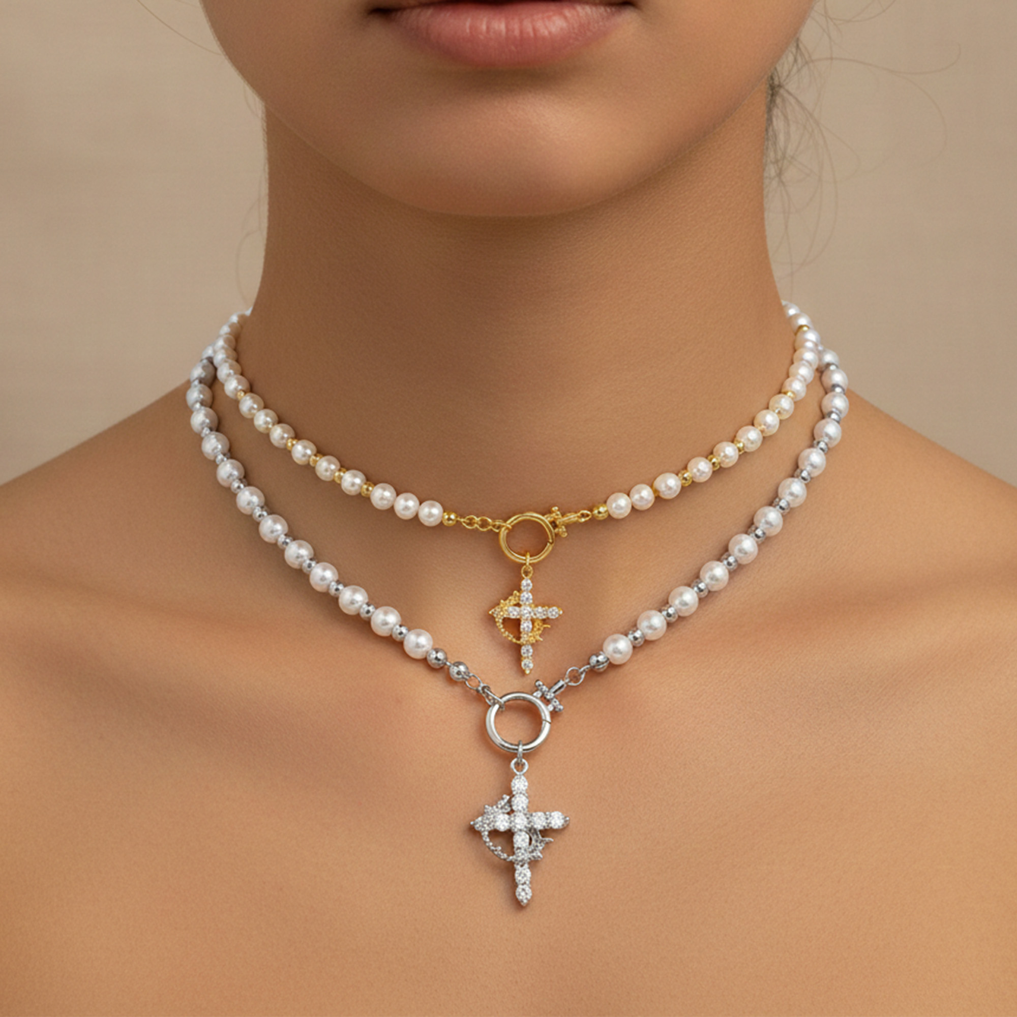 Pearl Beaded Zirconia Cross Pendant Necklace