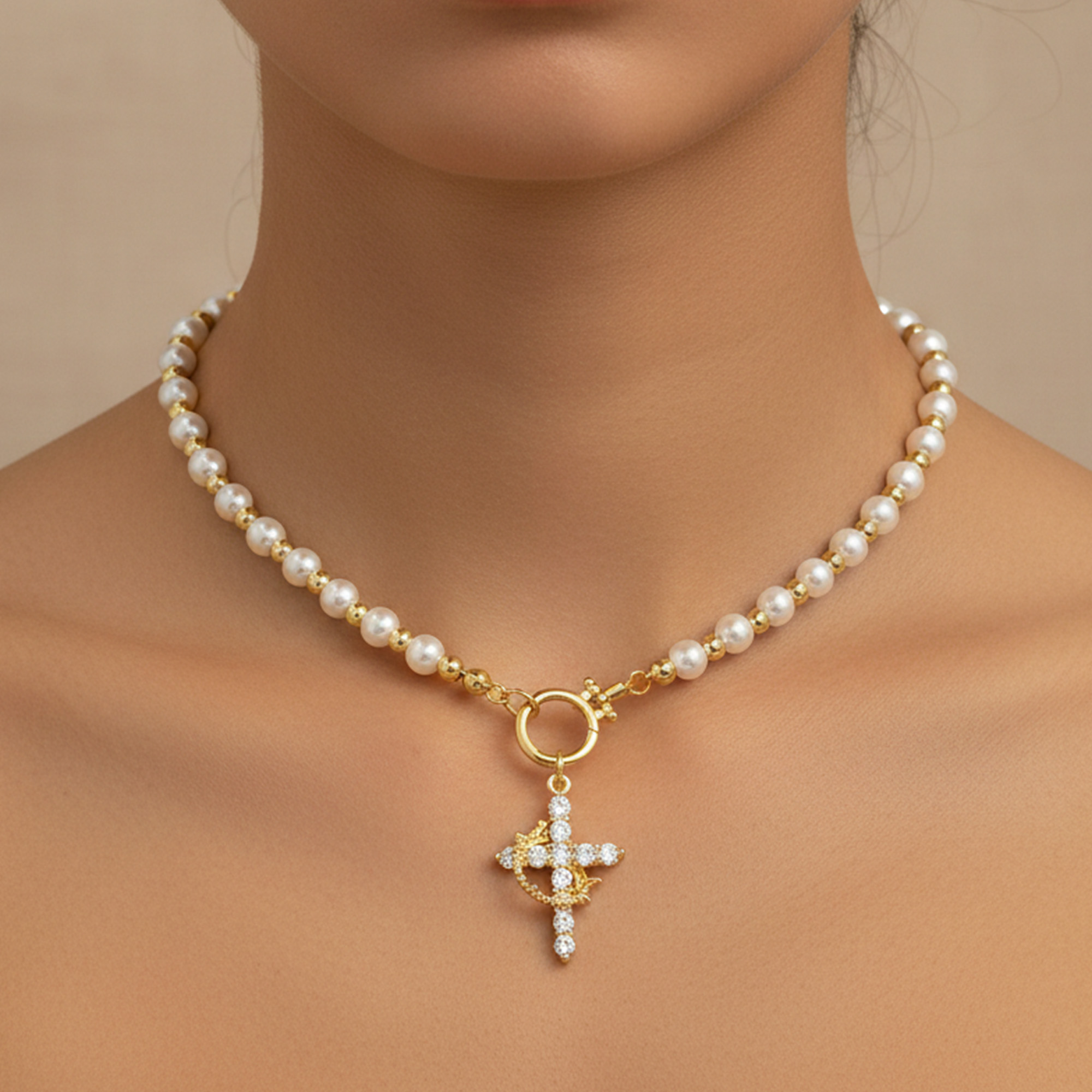 Pearl Beaded Zirconia Cross Pendant Necklace