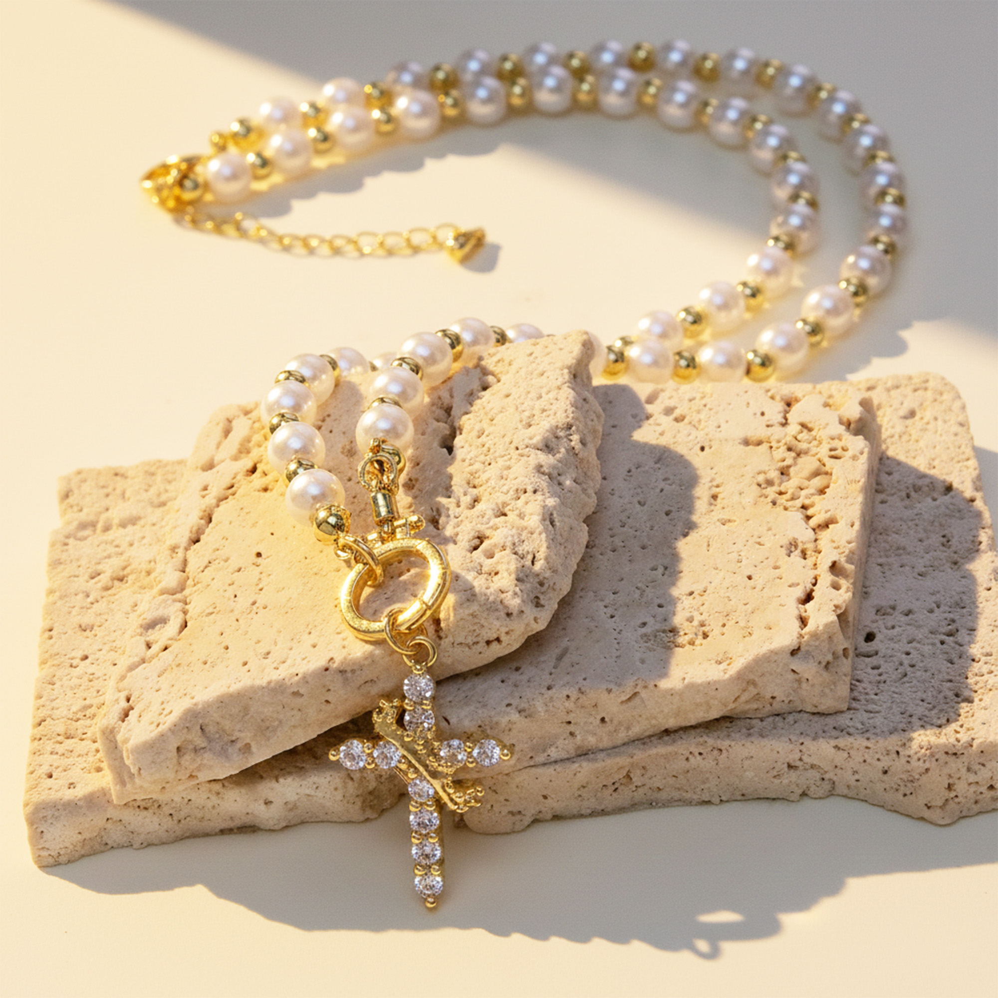 Pearl Beaded Zirconia Cross Pendant Necklace