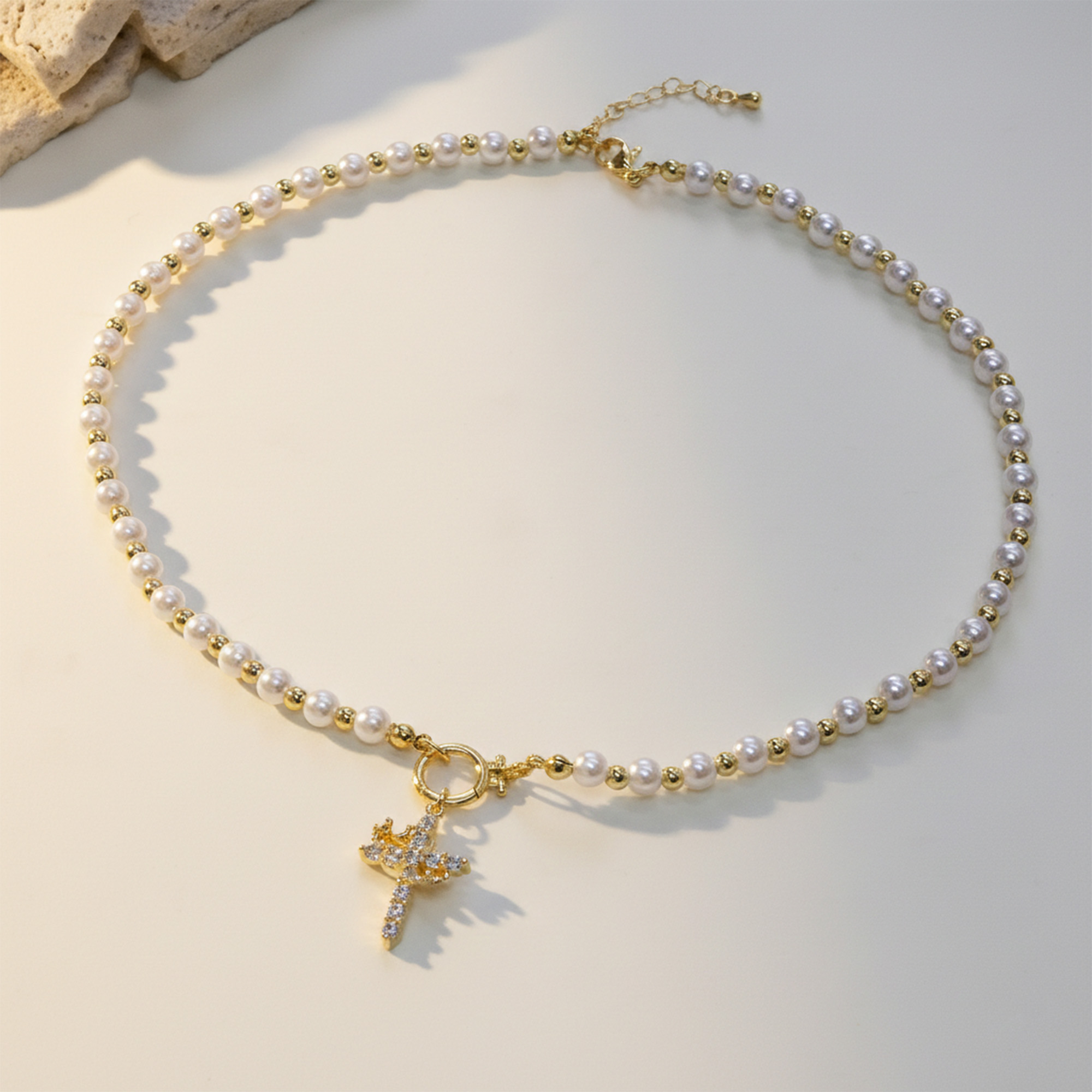Pearl Beaded Zirconia Cross Pendant Necklace