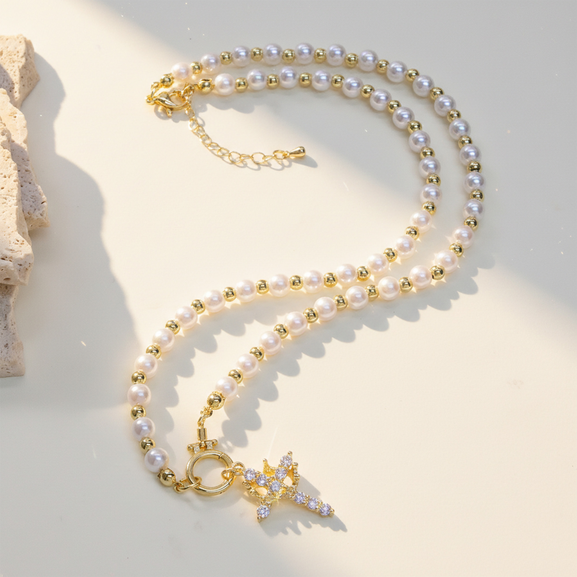 Pearl Beaded Zirconia Cross Pendant Necklace