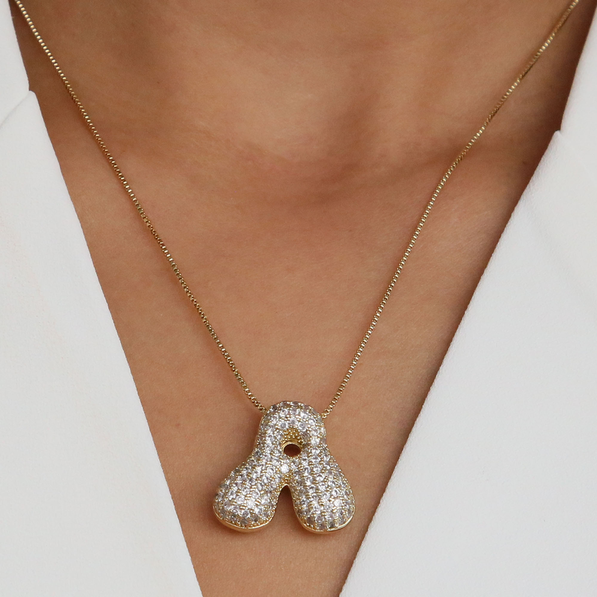 CZ Initial Bubble Letter Alphabet  Pendant Necklaces