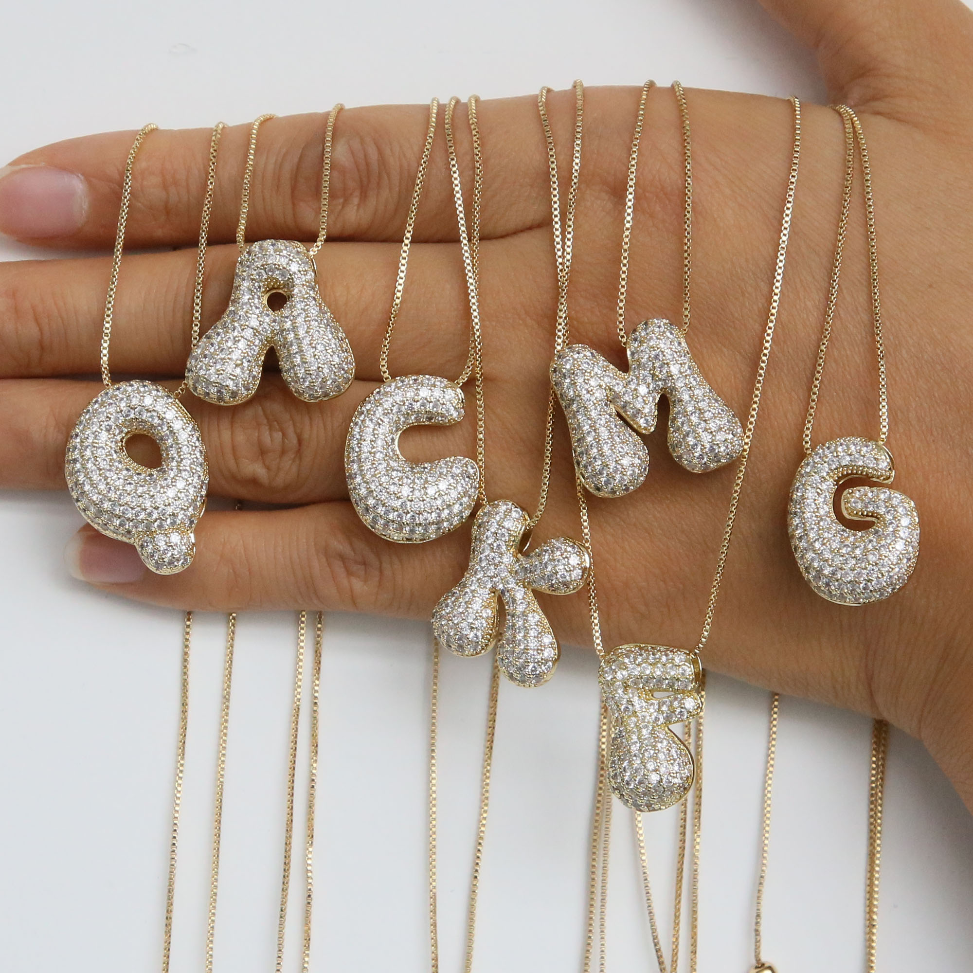 CZ Initial Bubble Letter Alphabet  Pendant Necklaces