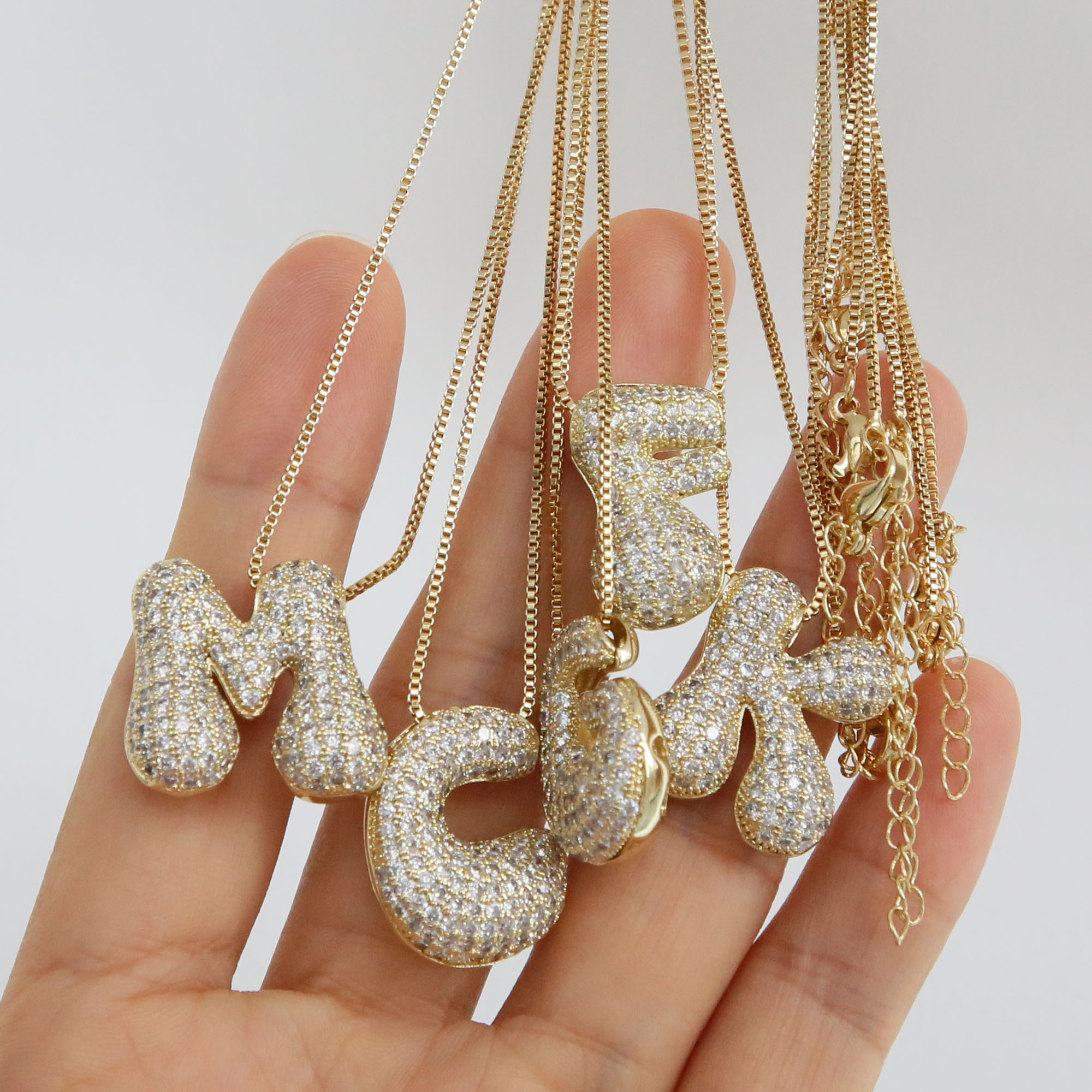 CZ Initial Bubble Letter Alphabet  Pendant Necklaces