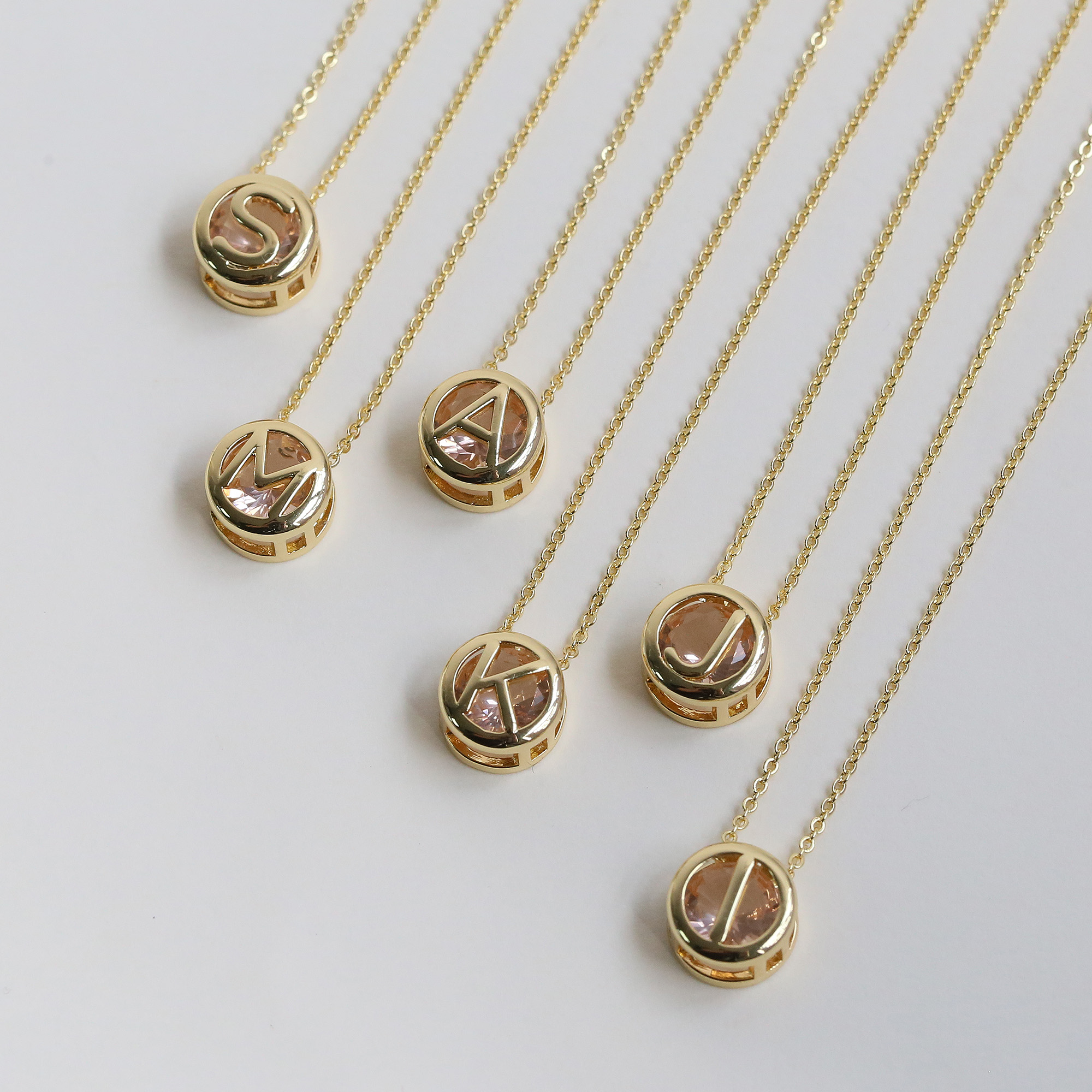 Initial Pink Zircon Letter  Pendant Necklaces