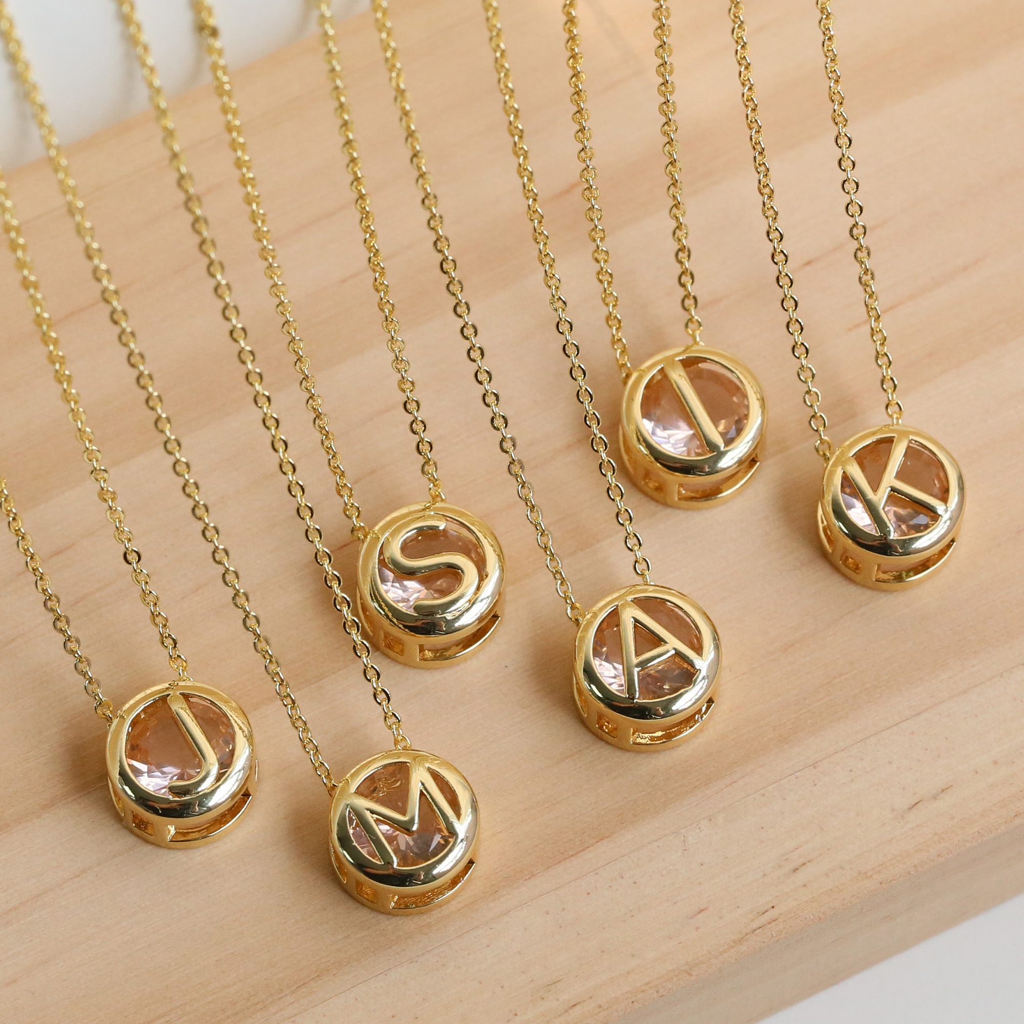 Initial Pink Zircon Letter  Pendant Necklaces