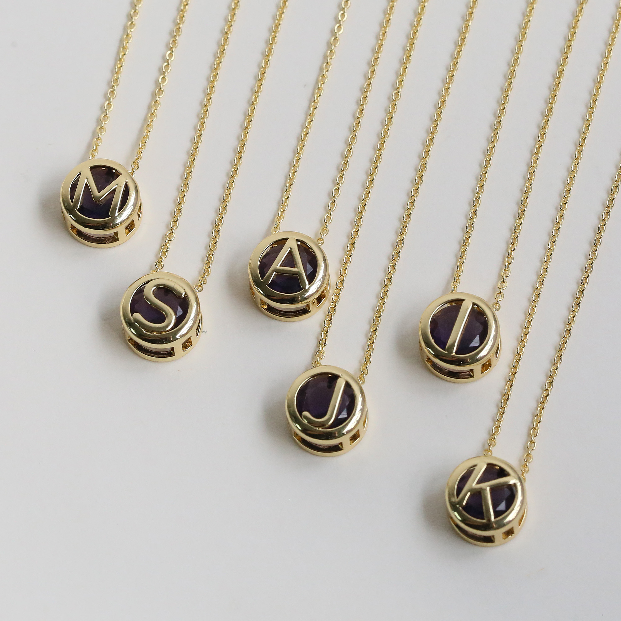 Initial Purple Zircon Letter  Pendant Necklaces
