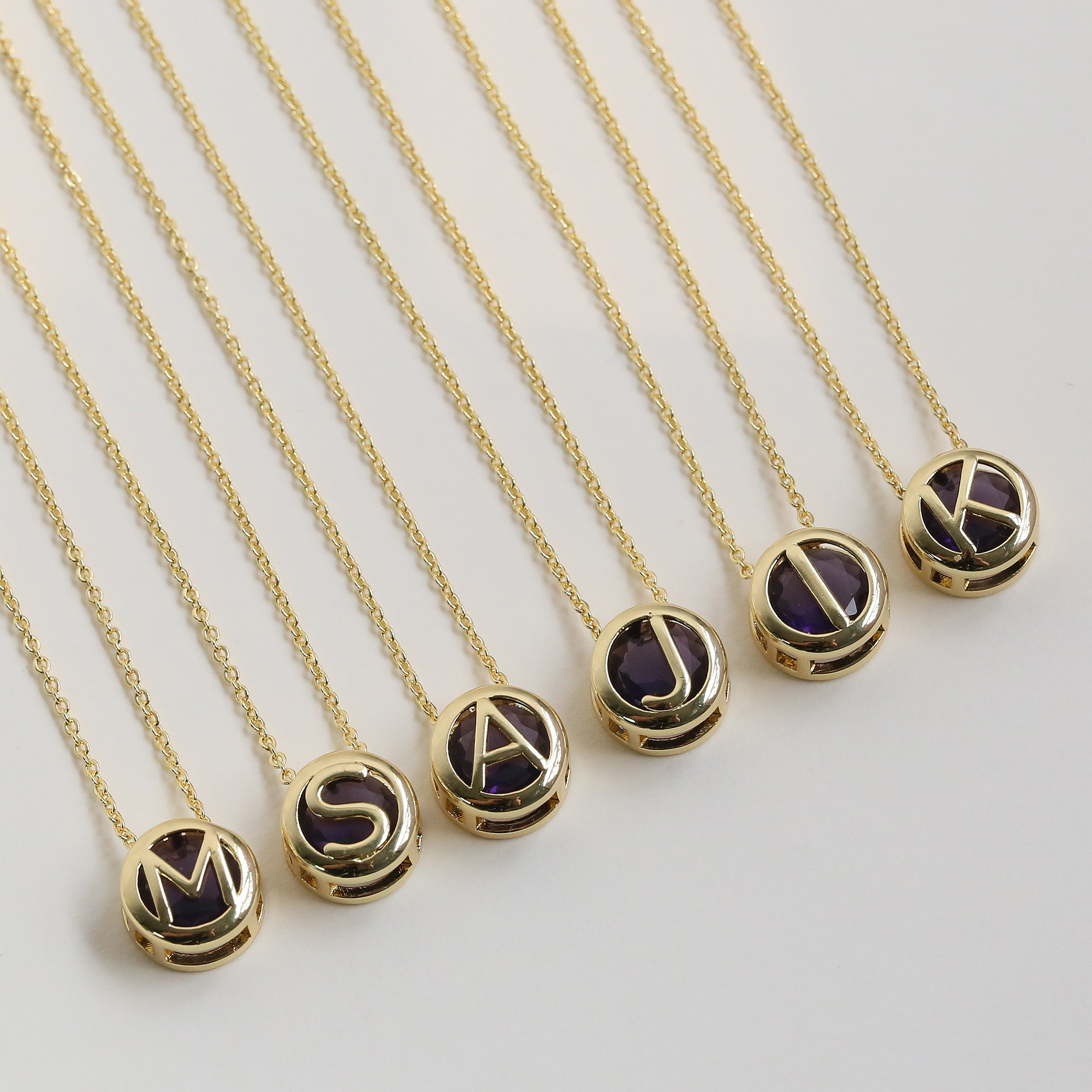 Initial Purple Zircon Letter  Pendant Necklaces