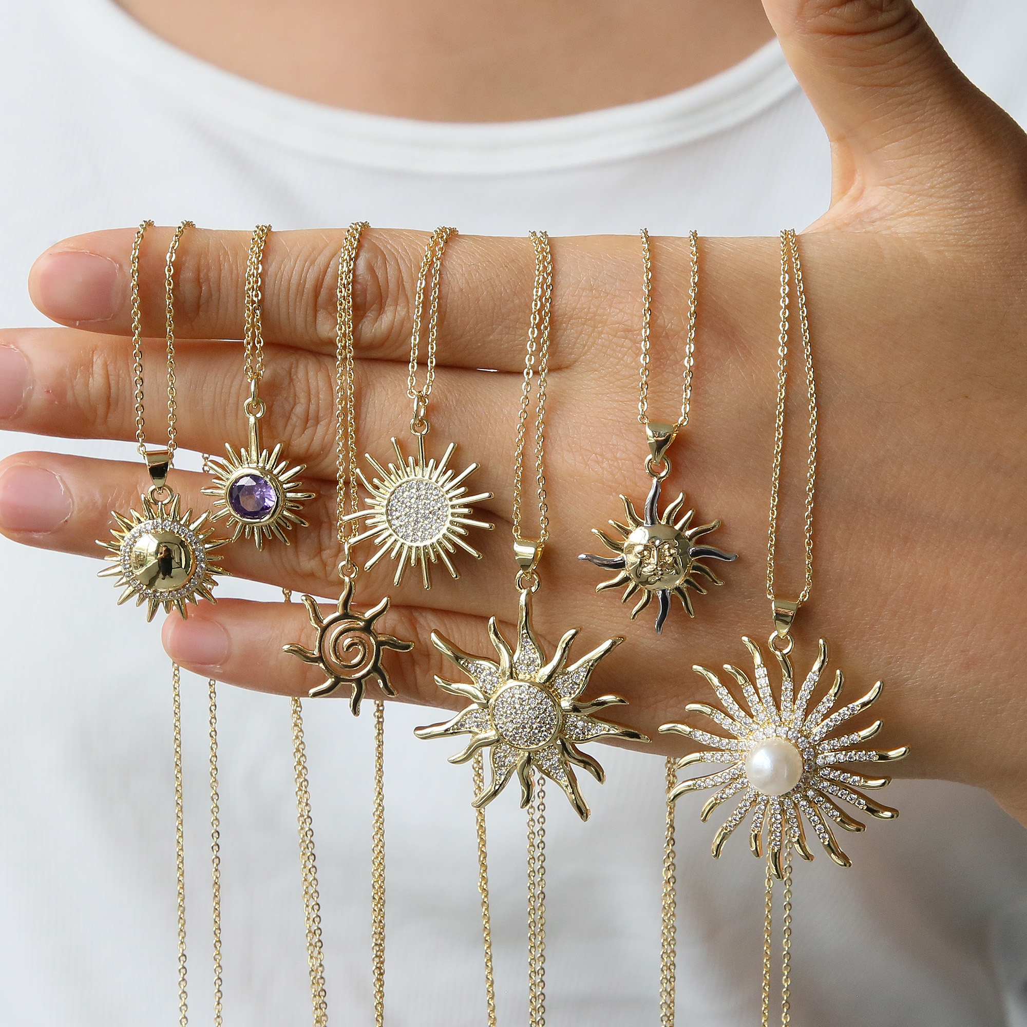 Zirconia Sun Pearl Brass Pendant Necklace