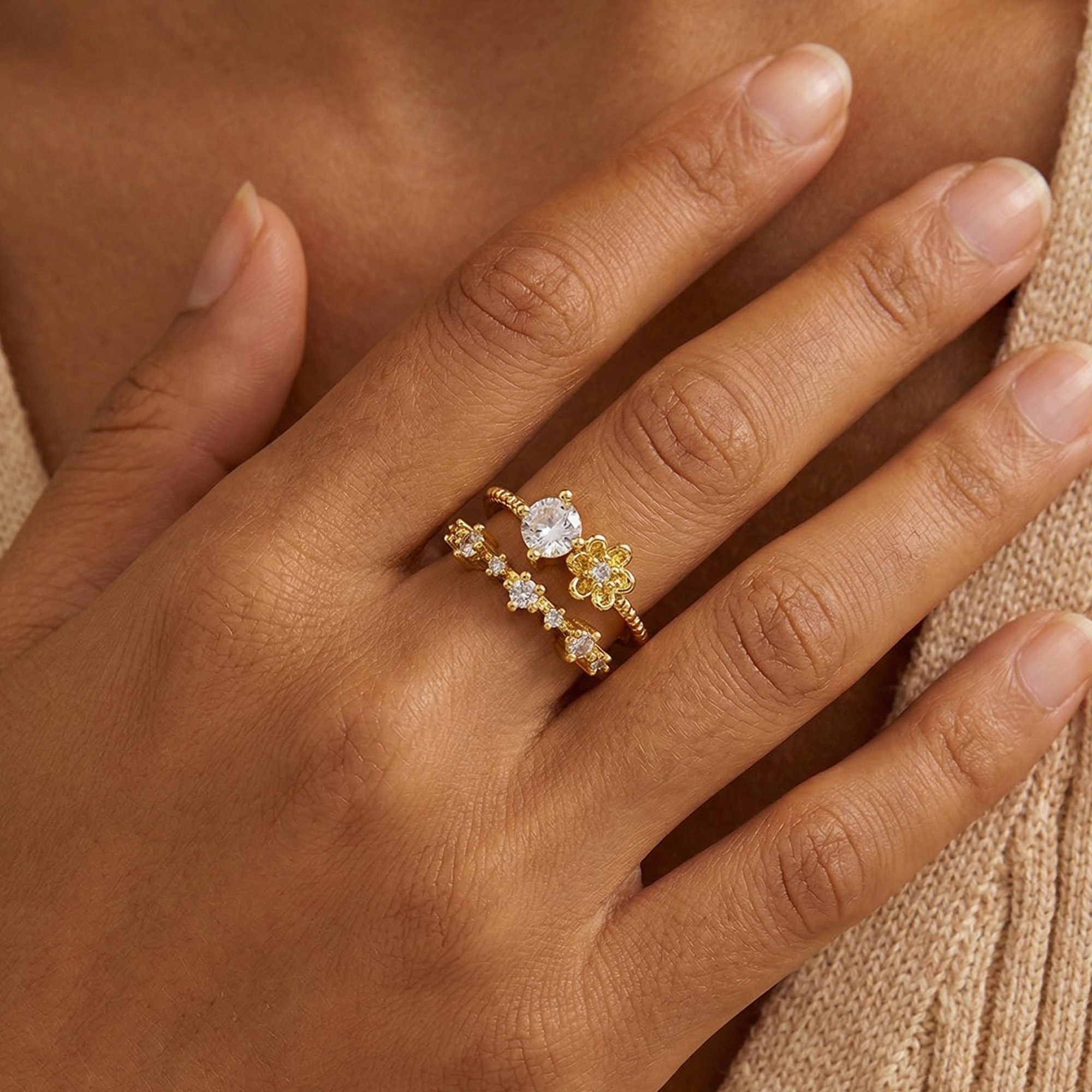 Zircon Flower Brass Rings