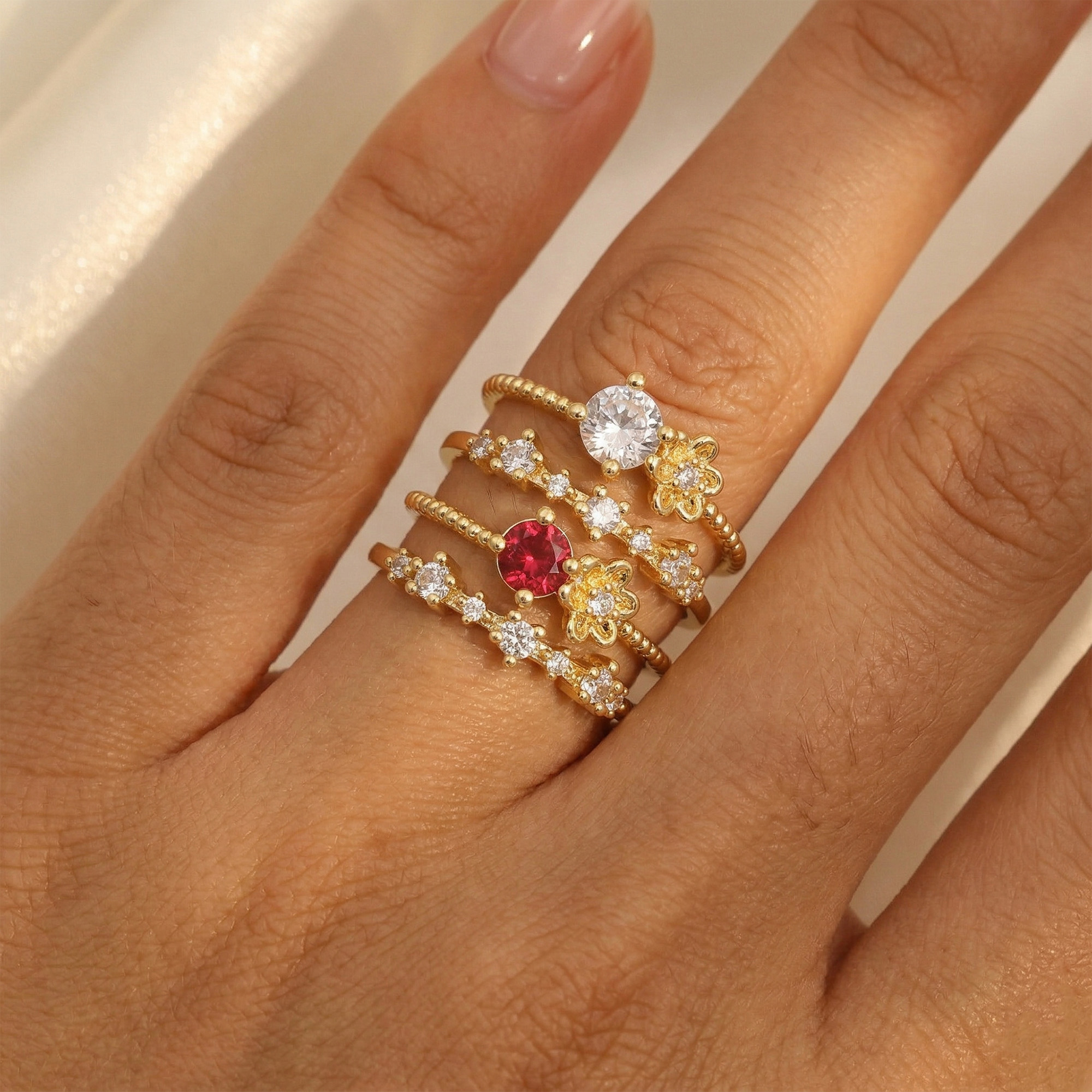 Zircon Flower Brass Rings