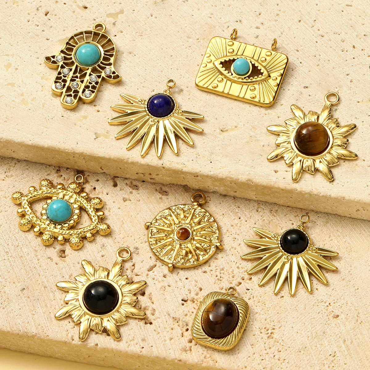 Natural Stone Sun Eyes Stainless Steel Charms