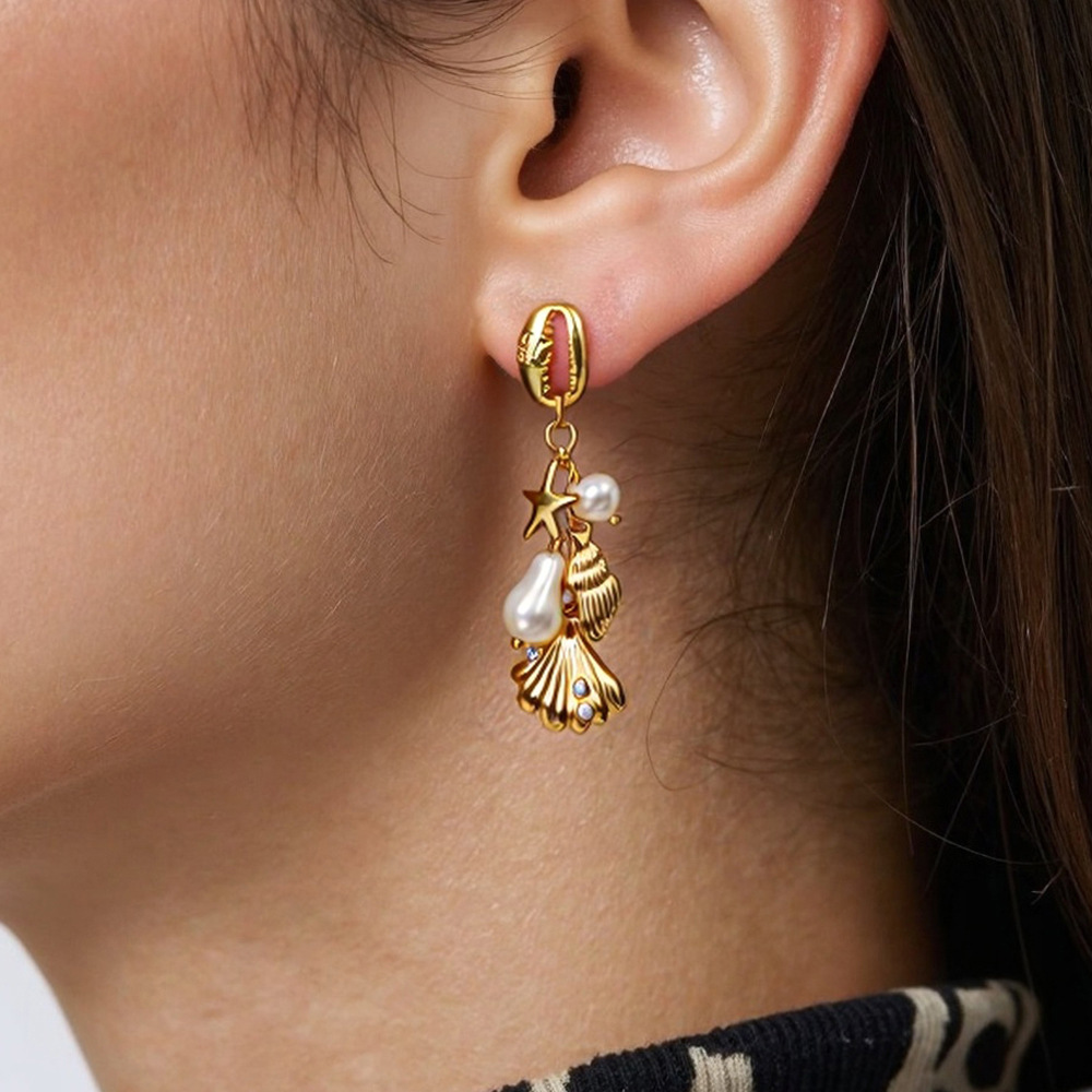 Starfish Conch Seashell Pearl Earrings