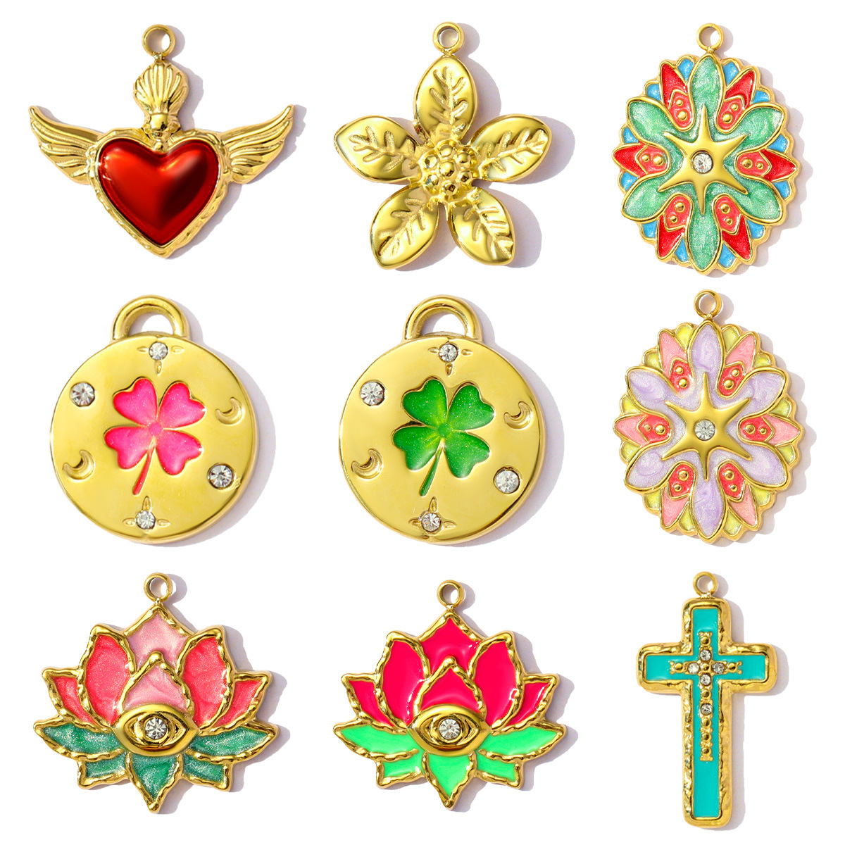 Four-leaf Clover Lotus Love Wings Stainless Steel Charms